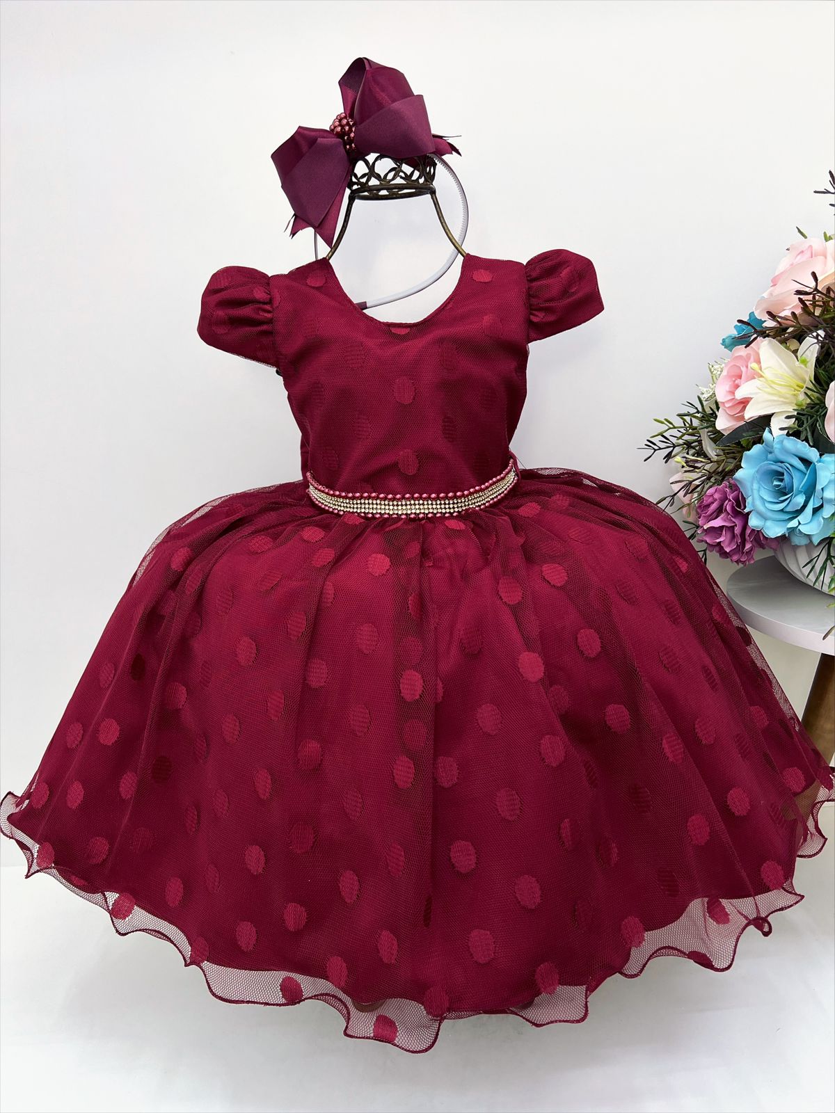 Vestido Infantil Marsala Tule Com Bolinhas Strass C/ Pérolas