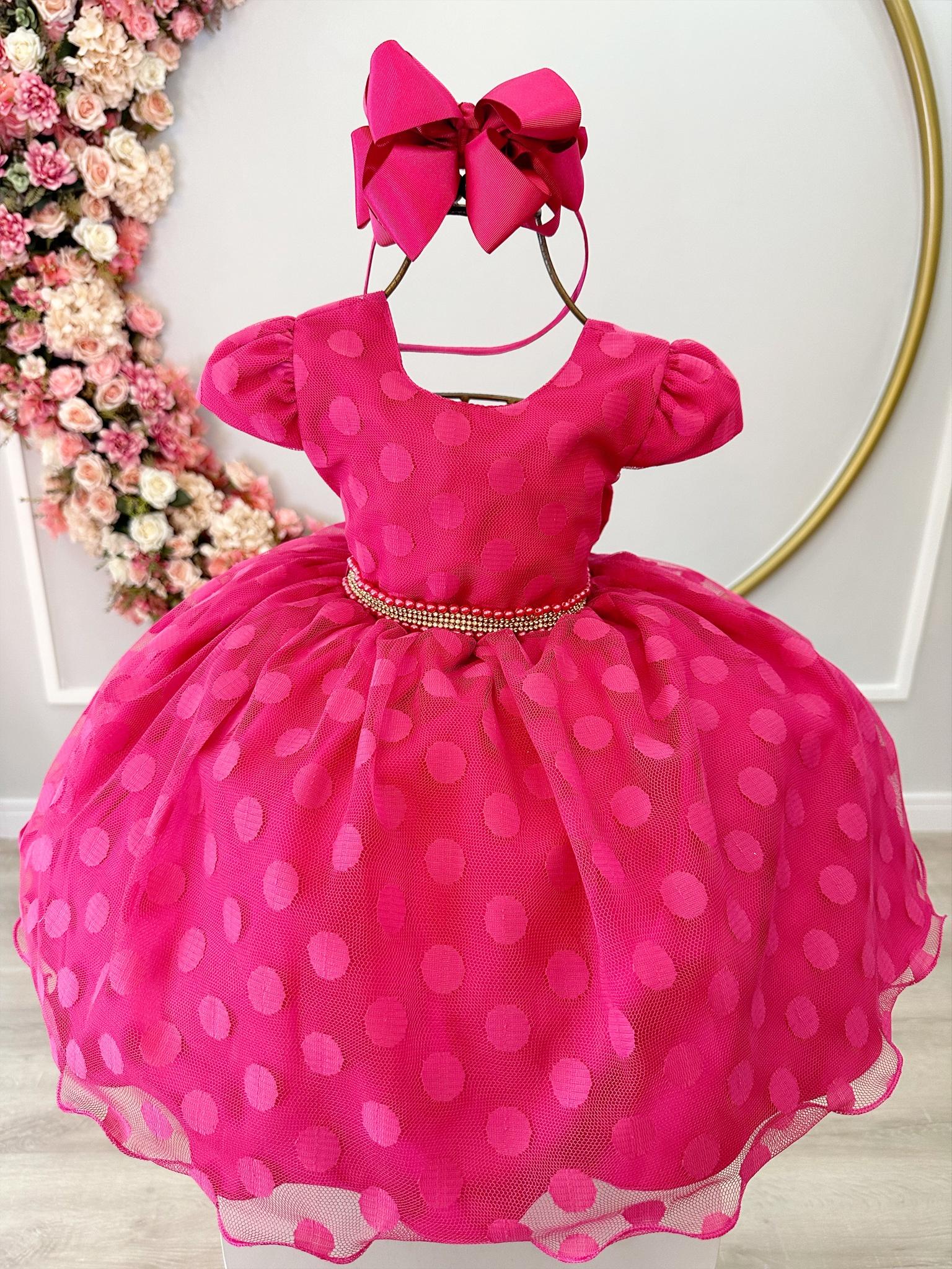 Vestido Infantil Pink Poá Com Cinto de Pérolas e Strass