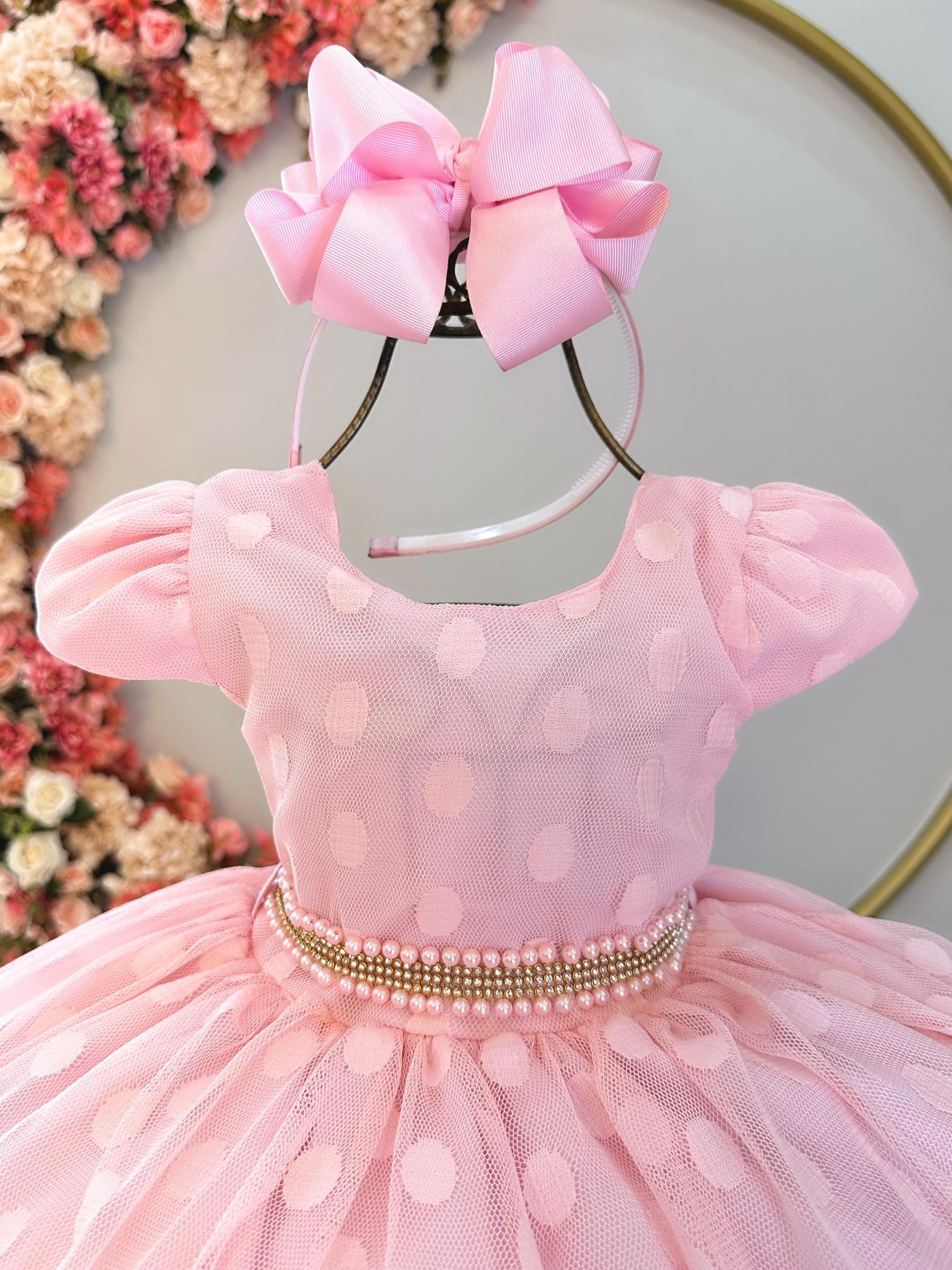 Vestido Infantil Rosa Bebê Poá Com Cinto de Strass e Pérolas - Rosa  Charmosa Atacado