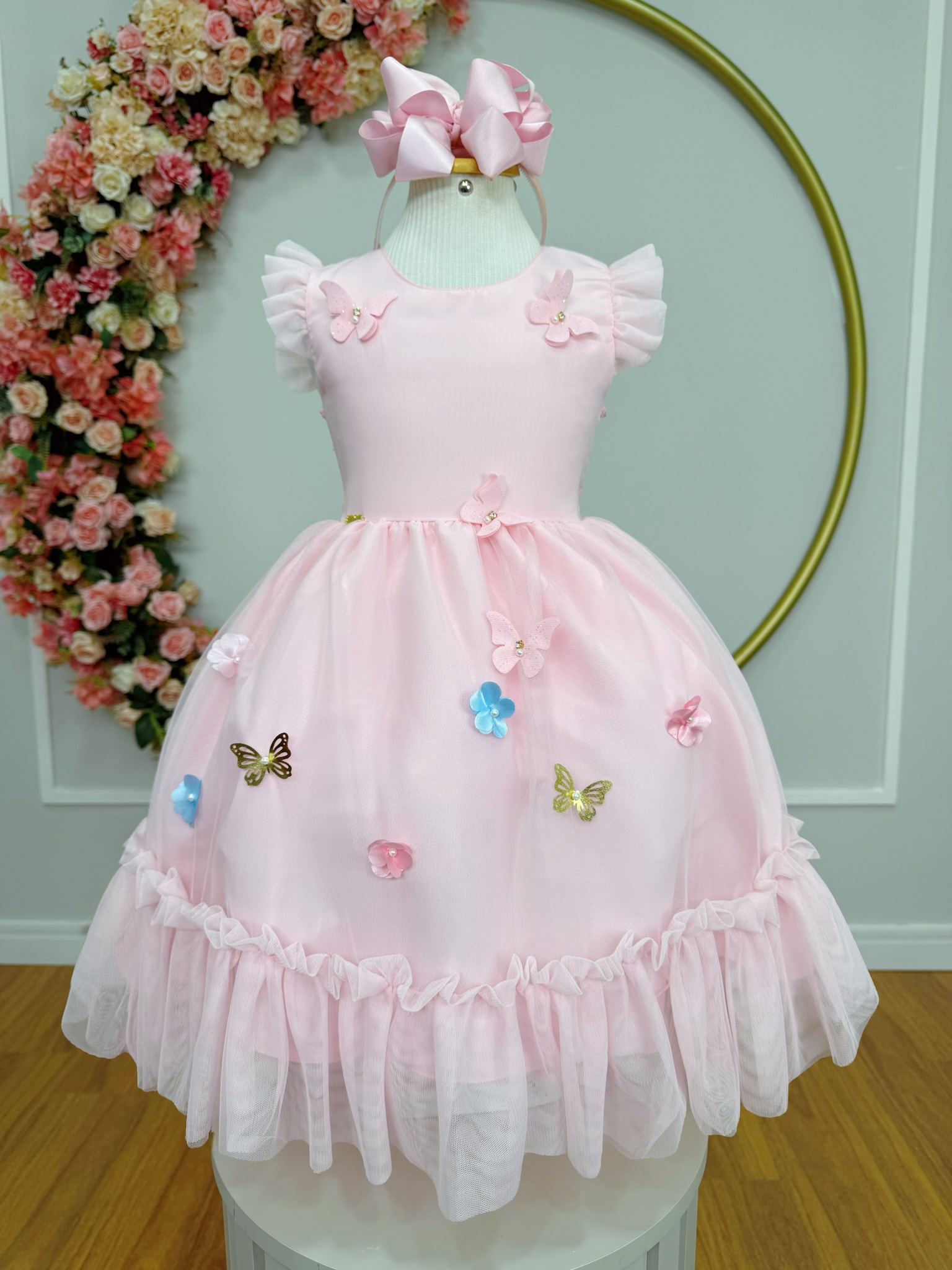 Vestido Infantil Rosa Claro Jardim Encantado c/Apliques Festas