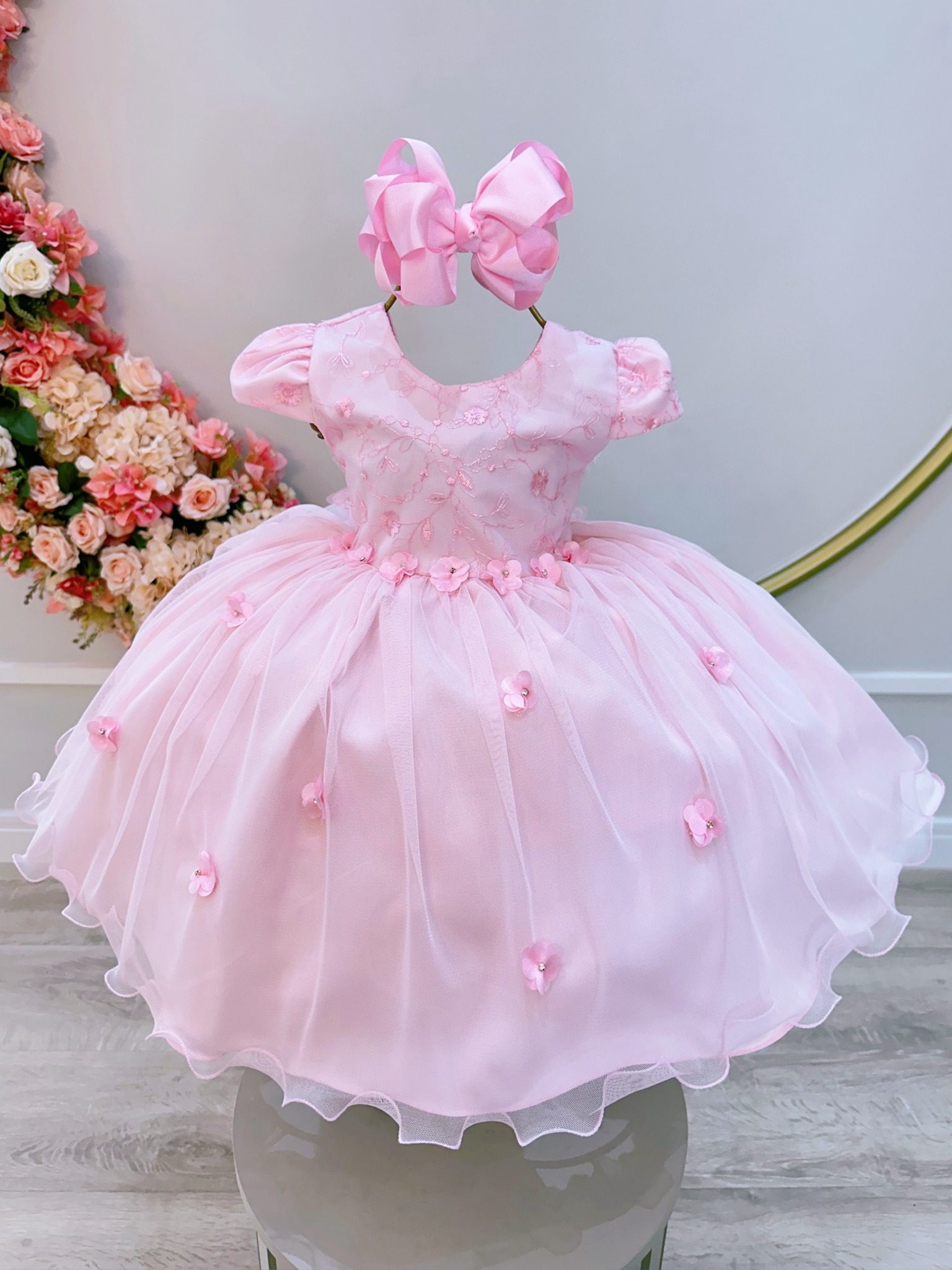 Vestido Infantil Rosa Claro Jardim Encantado C/ Renda Luxo