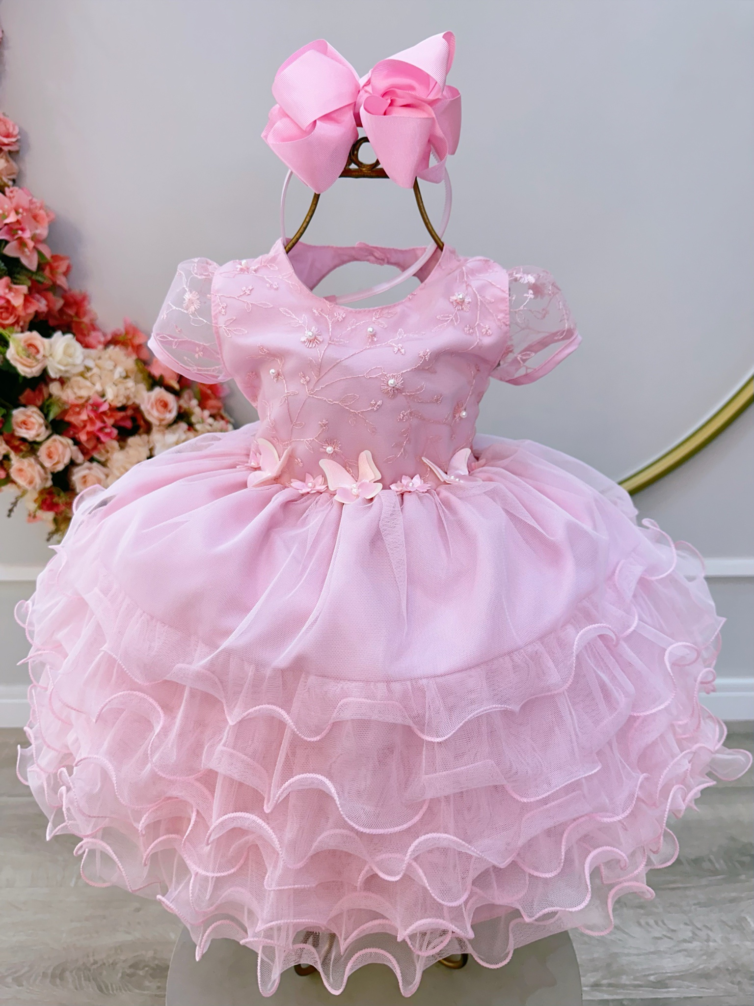 Vestido Infantil Rosa Claro Jardim Encantado Saia C/ Babados