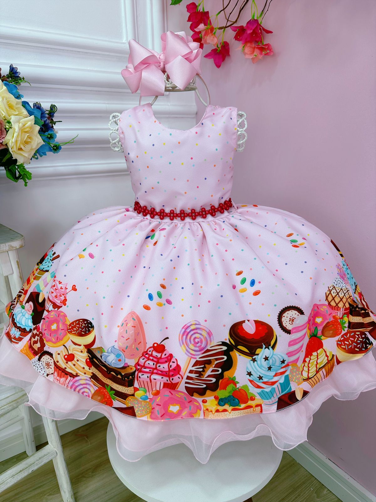 Vestido Infantil Rosa Doces Confeitaria C/ Cinto de Pérolas