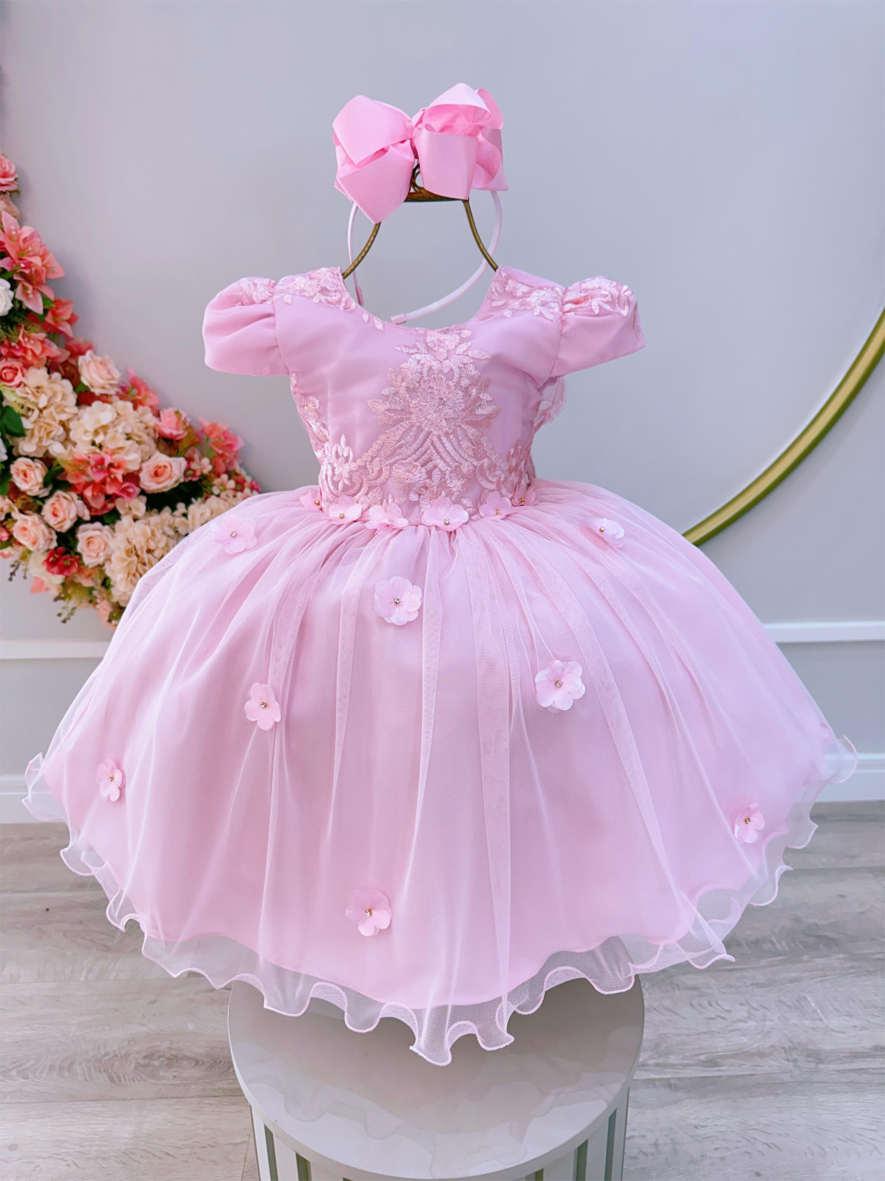 Vestido Infantil Rosa Jardim Encantado C/ Renda Daminhas