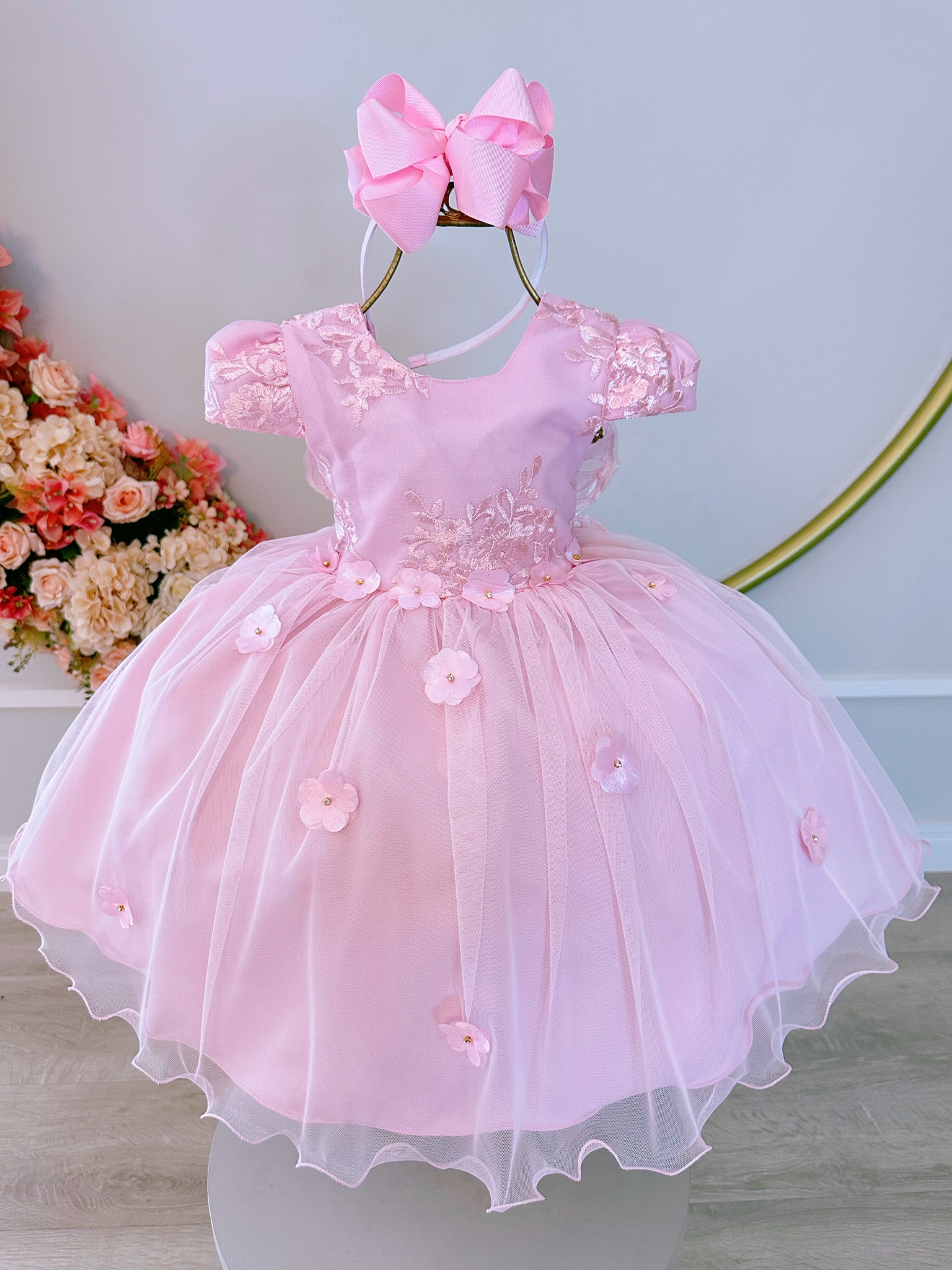 Vestido Infantil Rosa Jardim Encantado C/ Renda Festa Damas