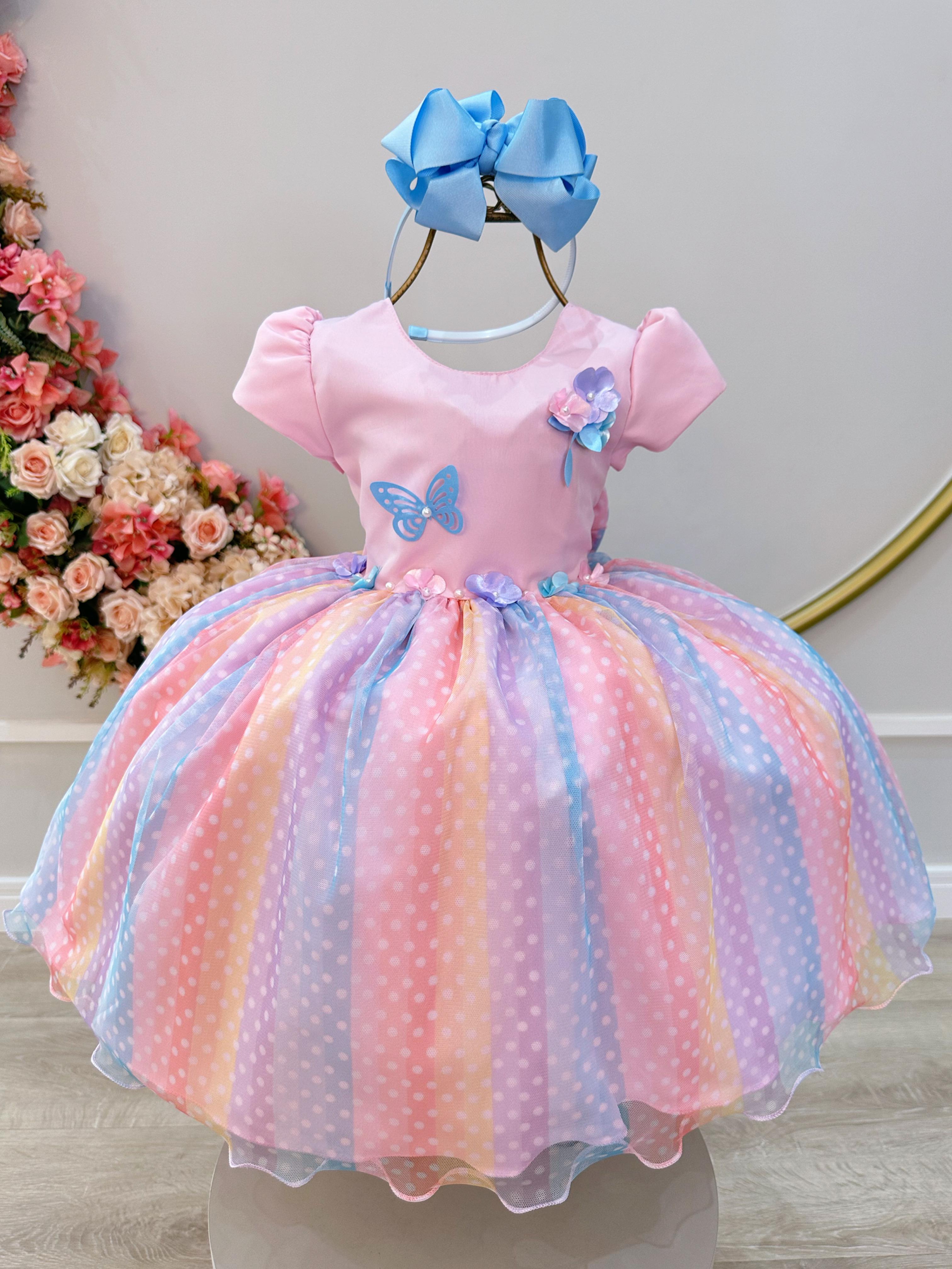 Vestido Infantil Rosa Jardim Encantado Chuva de Amor Arco Iris