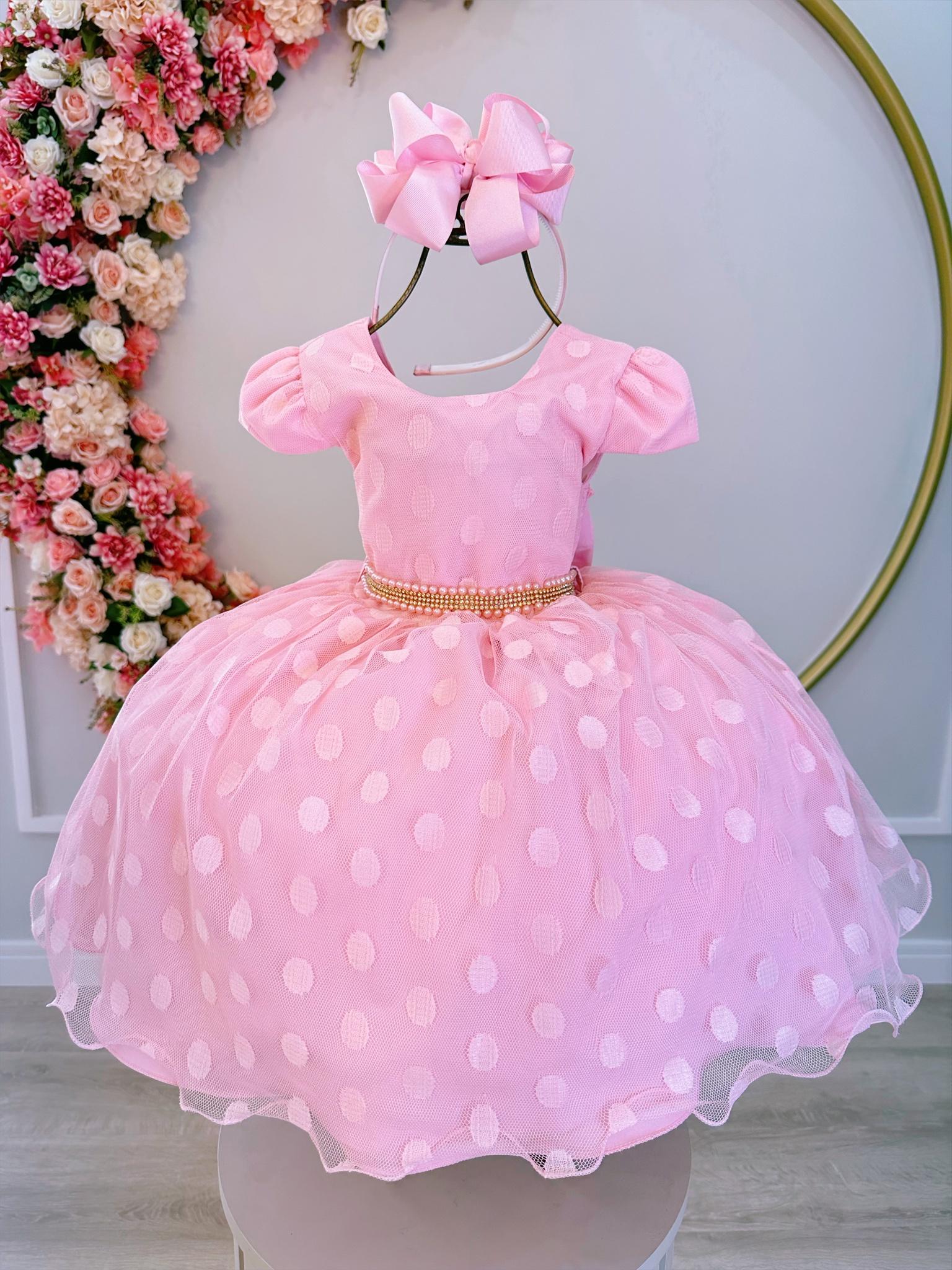 Vestido Infantil Rosa Poá Com Cinto de Strass Pérolas