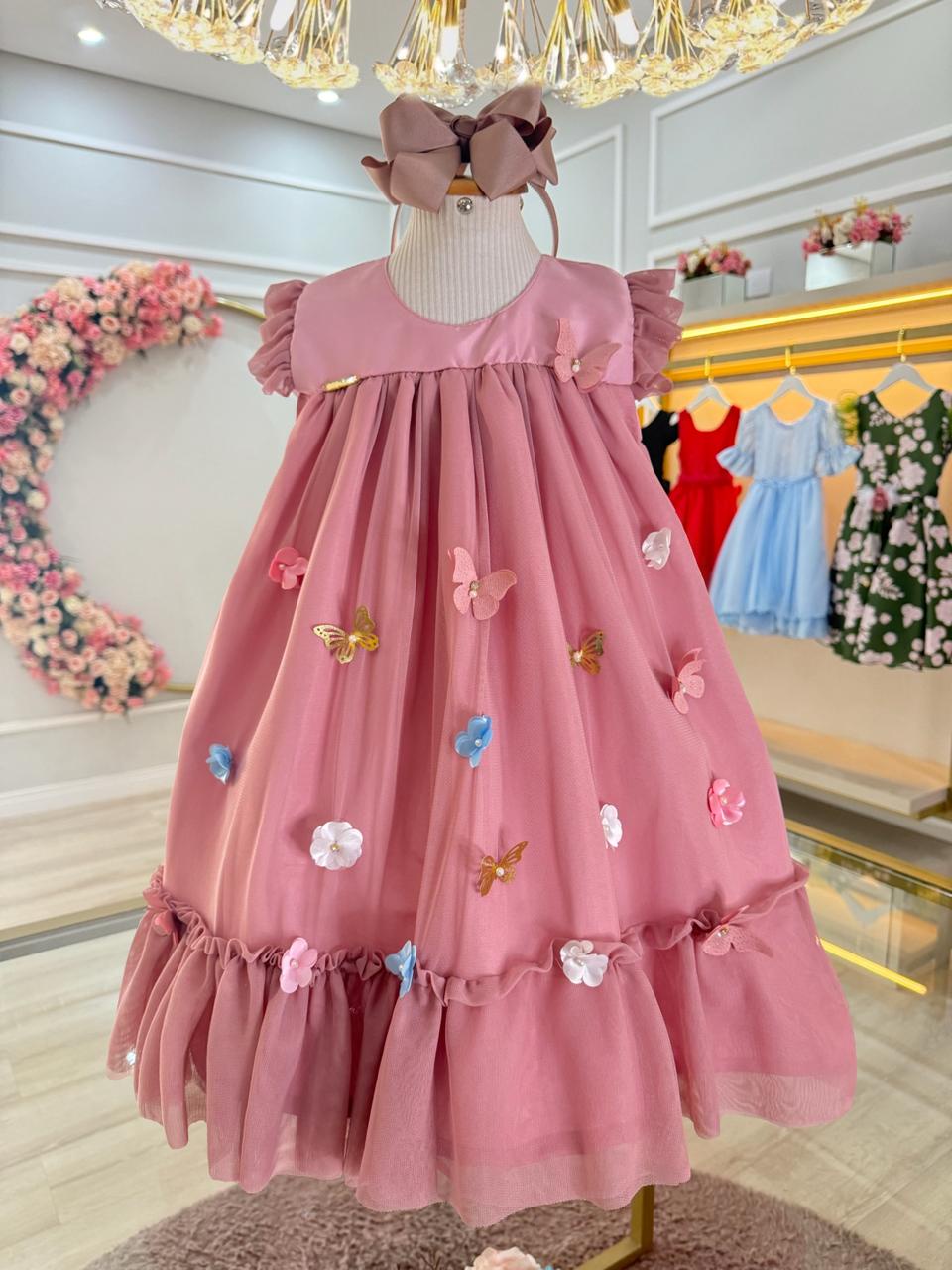 Vestido Infantil Trapézio Rose Jardim Encantado Luxo
