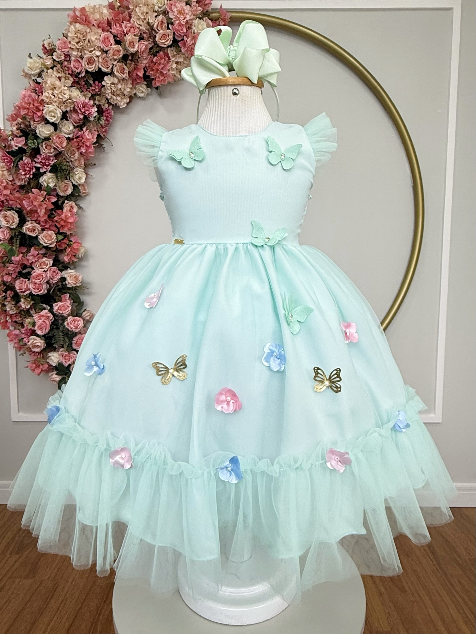 Vestido Infantil Verde Agua Jardim Encantado Apliques Festas