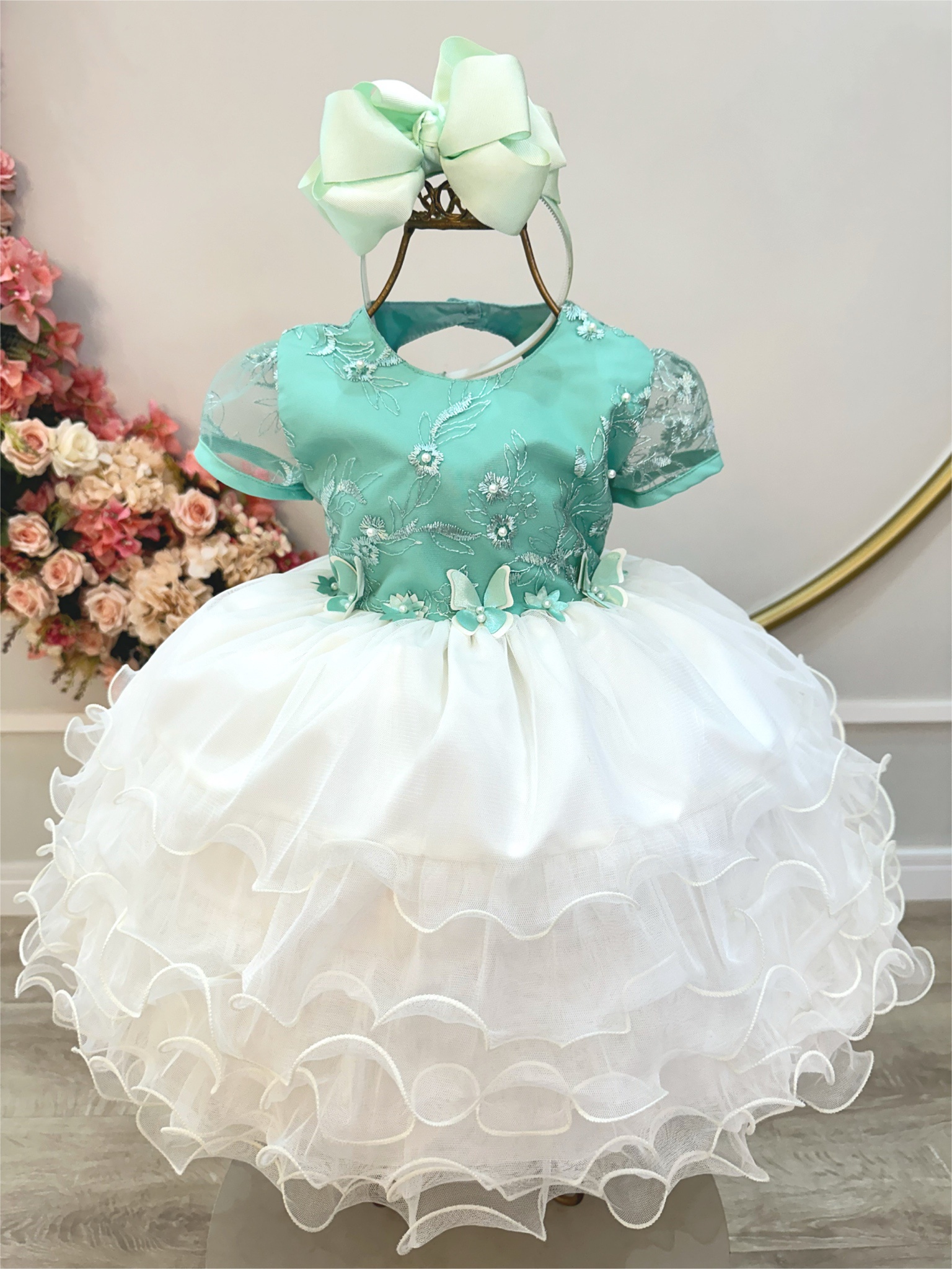 Vestido Infantil Verde Jardim Encantado Saia C/ Babados