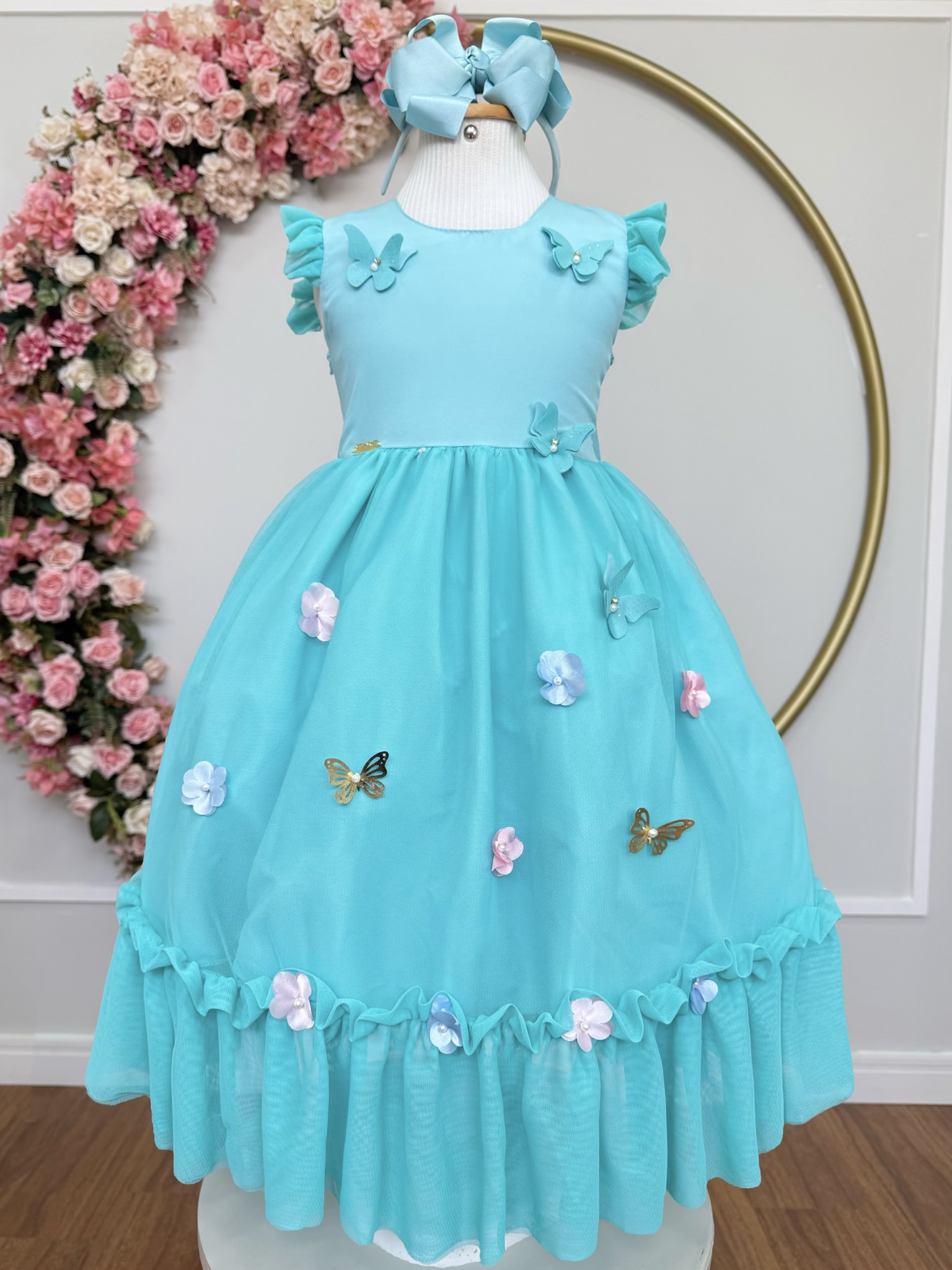 Vestido Infantil Verde Menta Jardim Encantado Apliques Festas