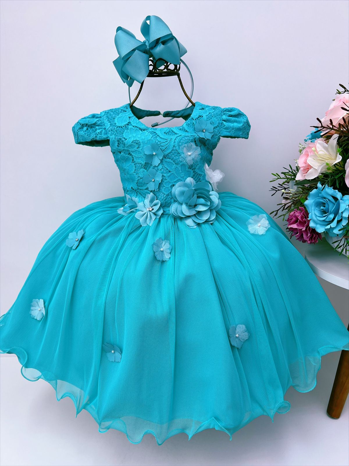 Vestido Infantil Verde Tiffany Rendado Flores Aplique Luxo