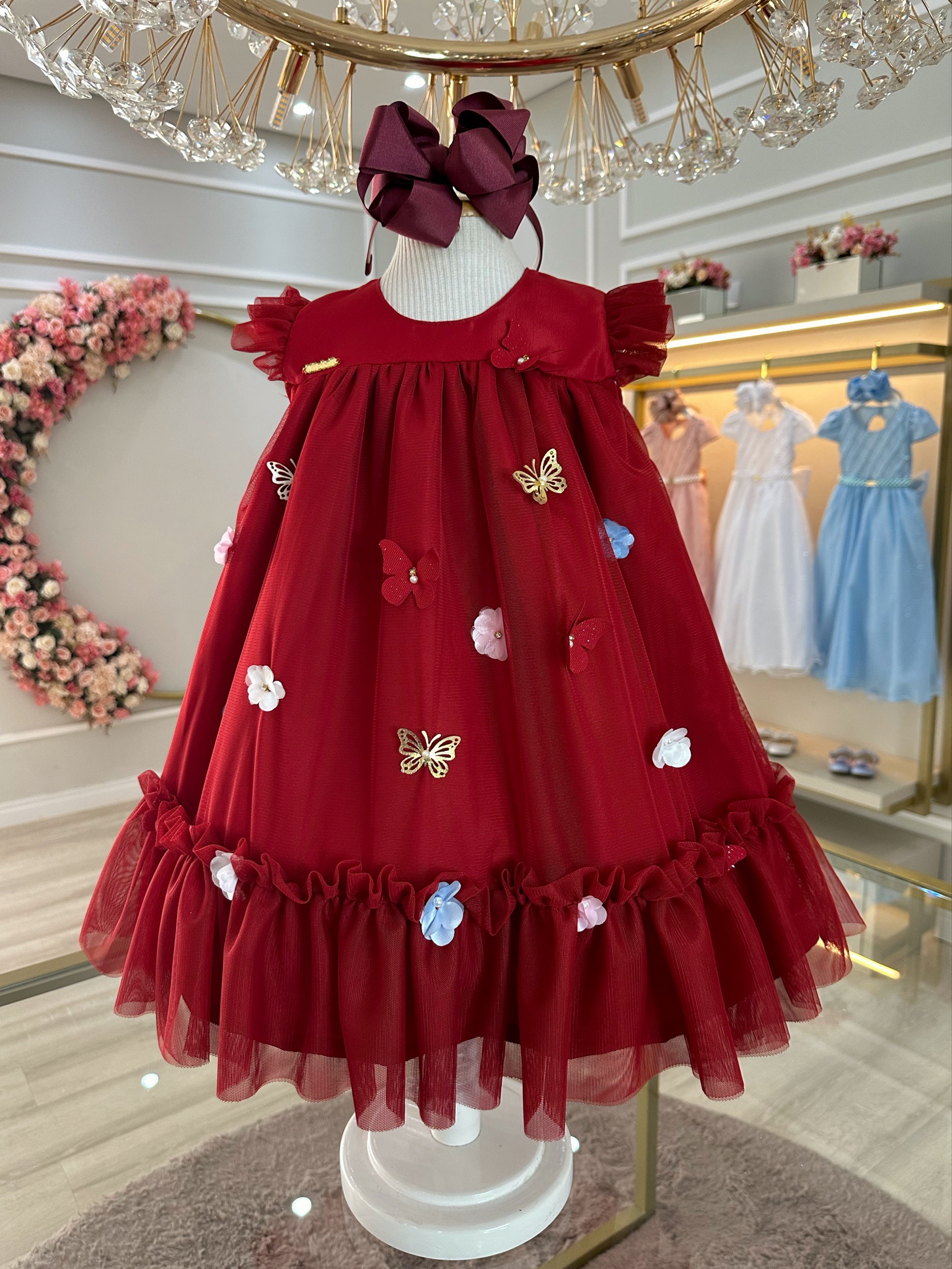 Vestido Infantil Vermelho Escuro Jardim Encantado Luxo
