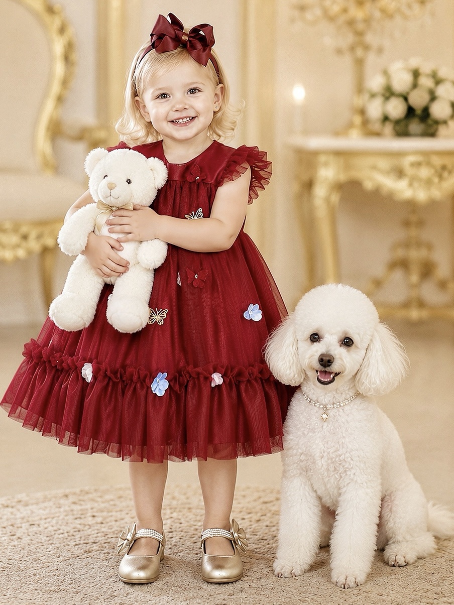 Vestido Infantil Vermelho Escuro Jardim Encantado Luxo