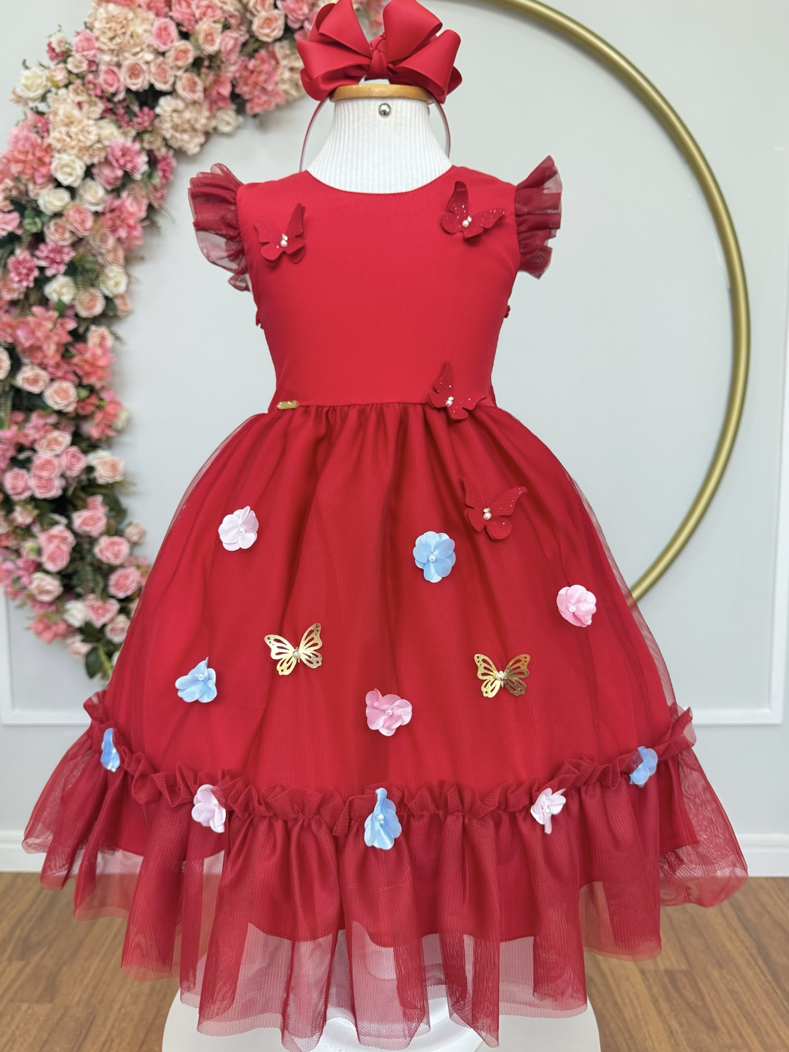 Vestido Infantil Vermelho Jardim Encantado Apliques Festas