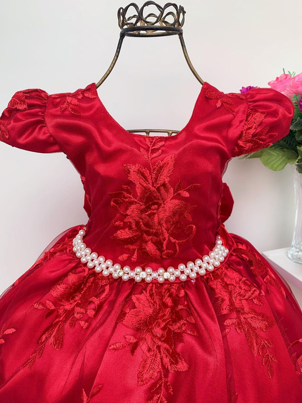 Vestido Infantil Vermelho Renda Festas Luxo Princesas - Rosa