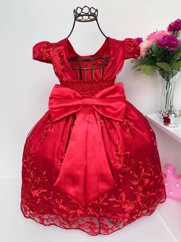 Vestido Bebê Vermelho Renda Princesa Realeza Laço Babados