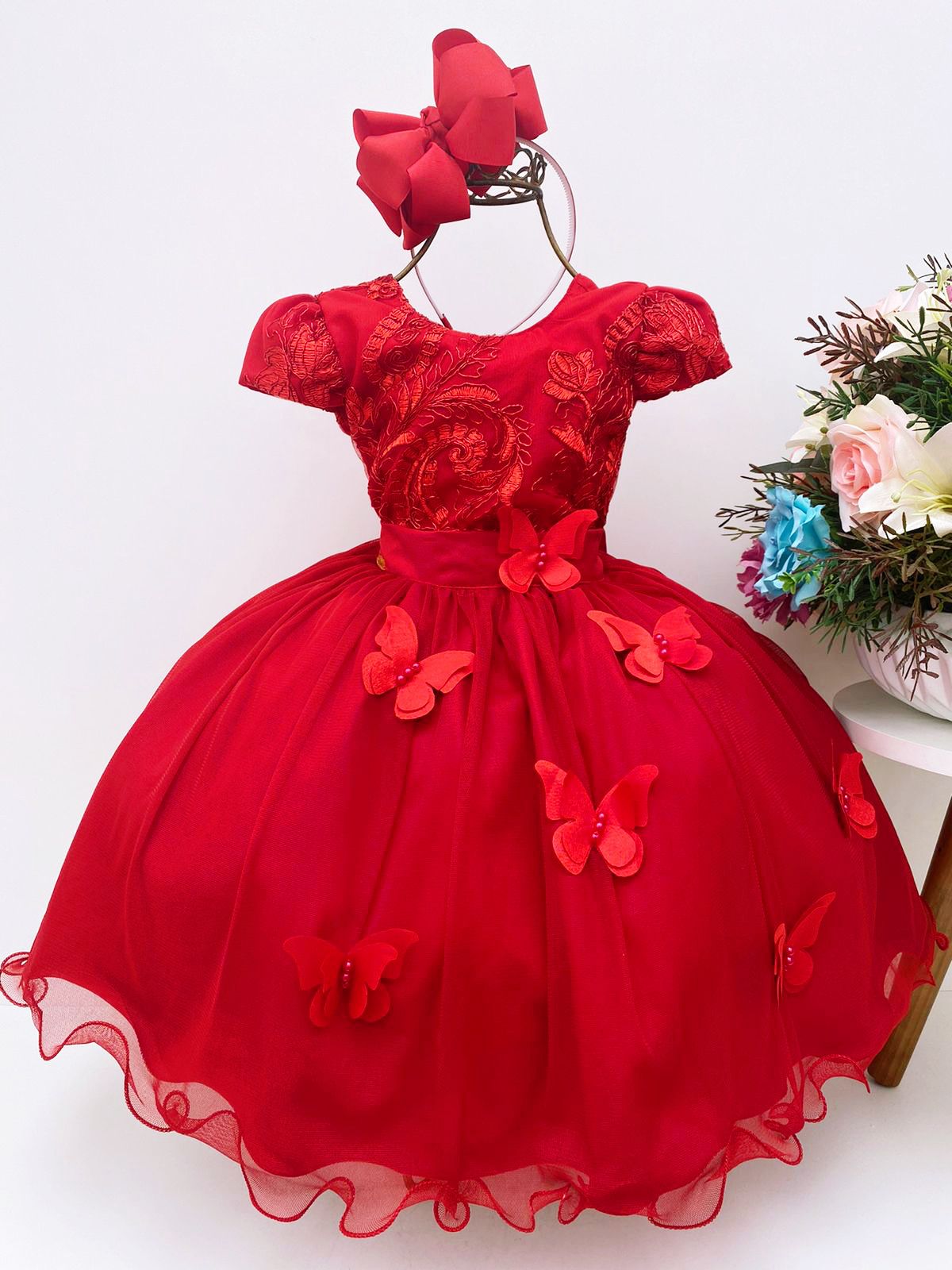 Vestido Infantil Vermelho Rendado Luxo Aplique Borboletas