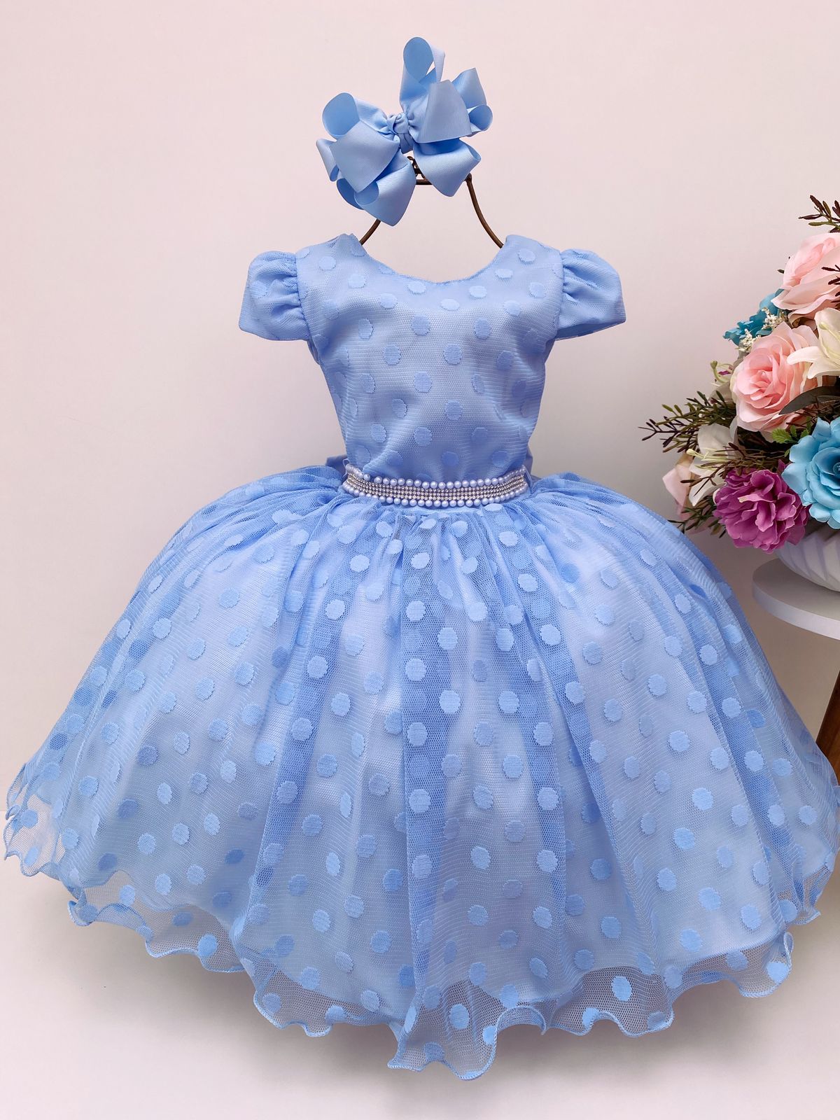 Vestido Infantil Azul Bolinhas Cinto Strass C/ Pérolas Luxo