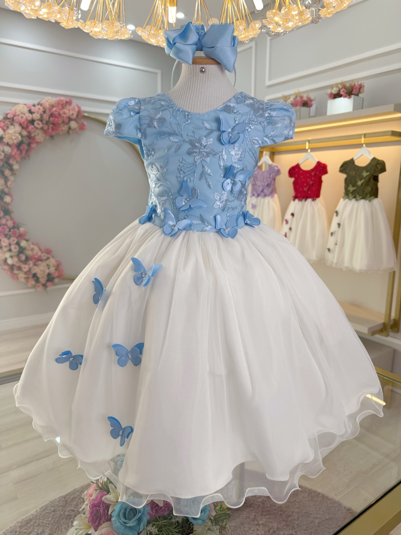 Vestido Infantil Azul C/ Bordado e Borboletas Dama Festas Luxo