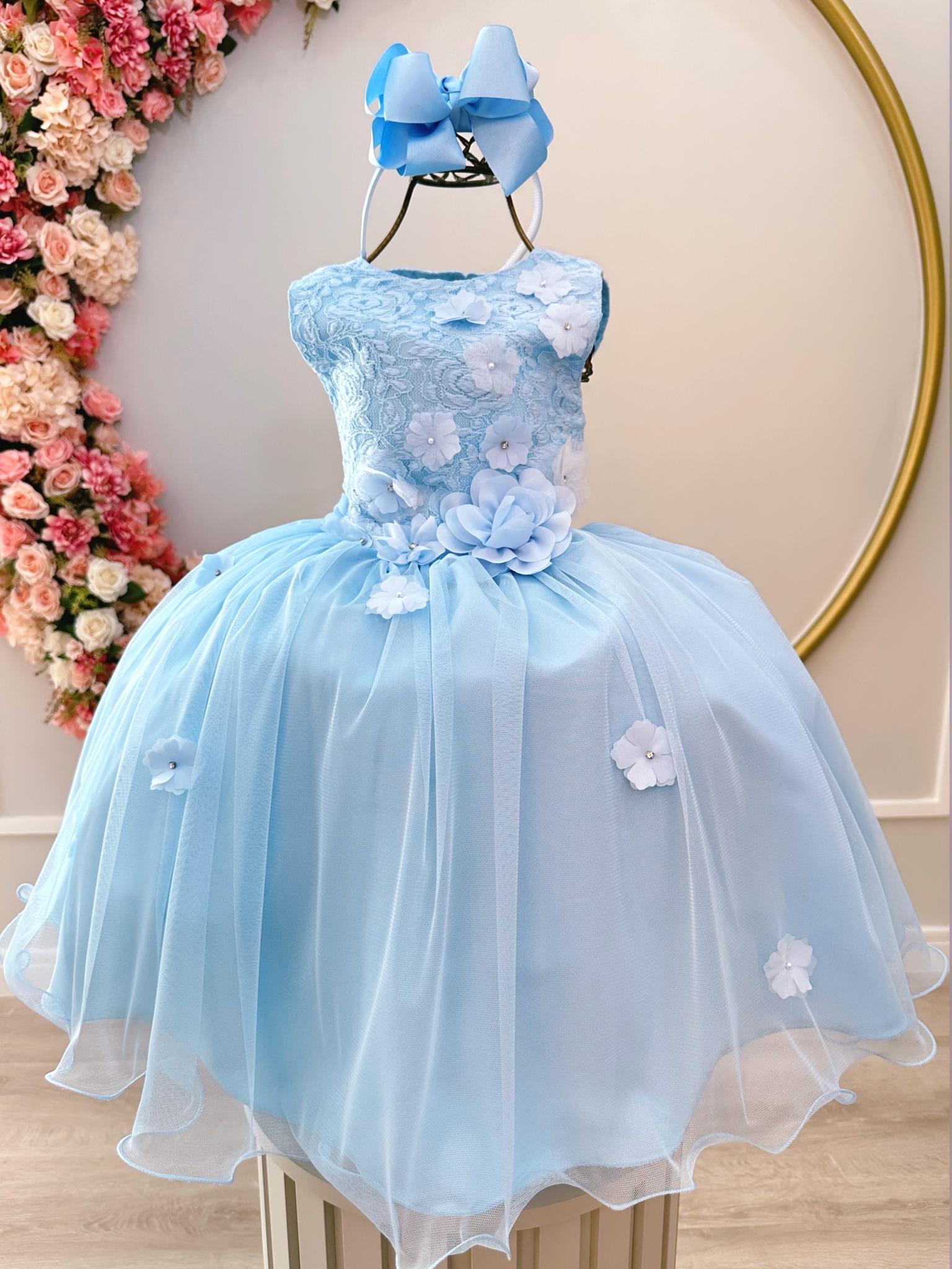 Vestido Infantil Azul C/ Renda e Aplique de Flores Formatura