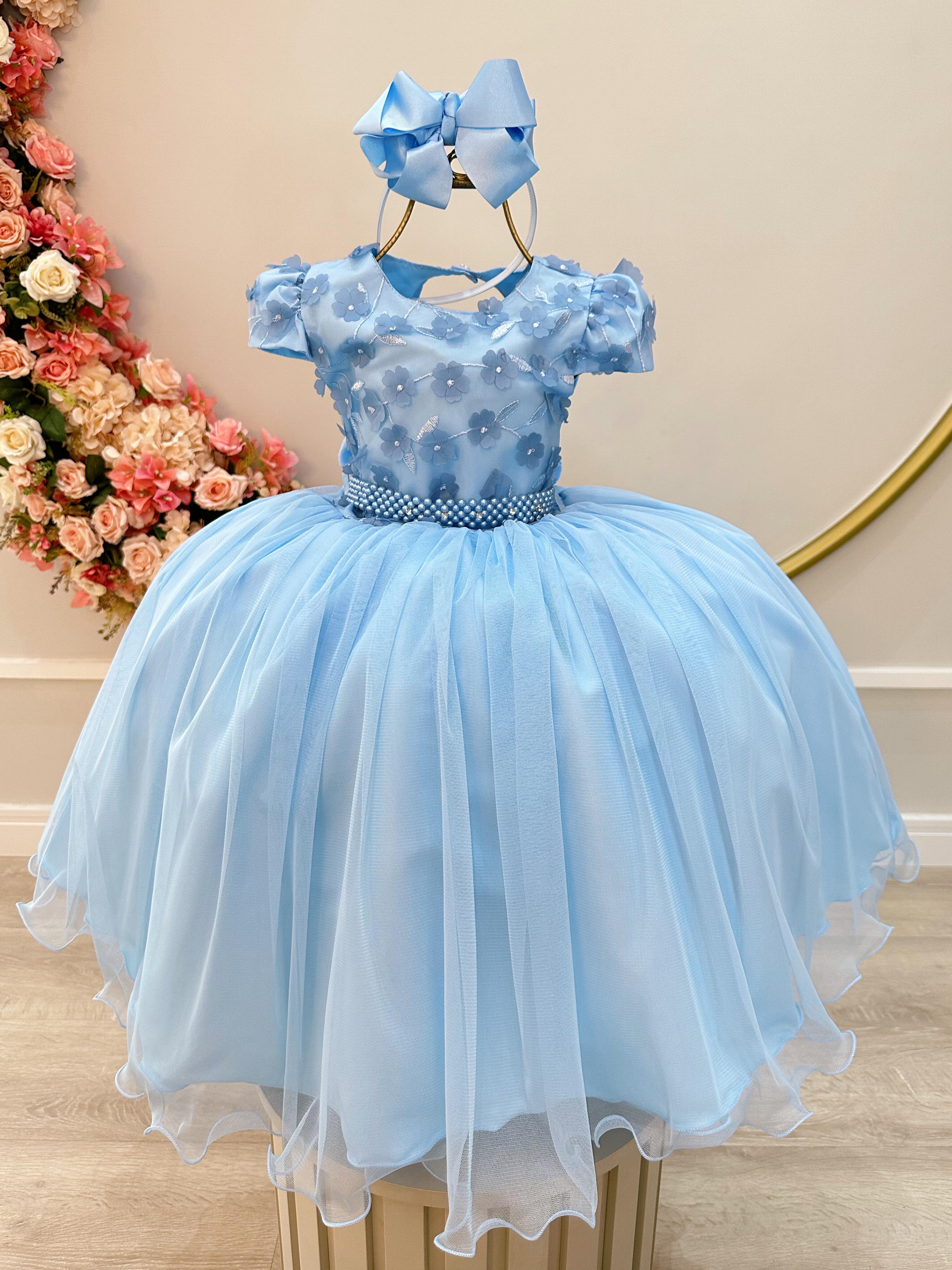 Vestido Infantil Azul Claro C/ Renda e Aplique de Flores