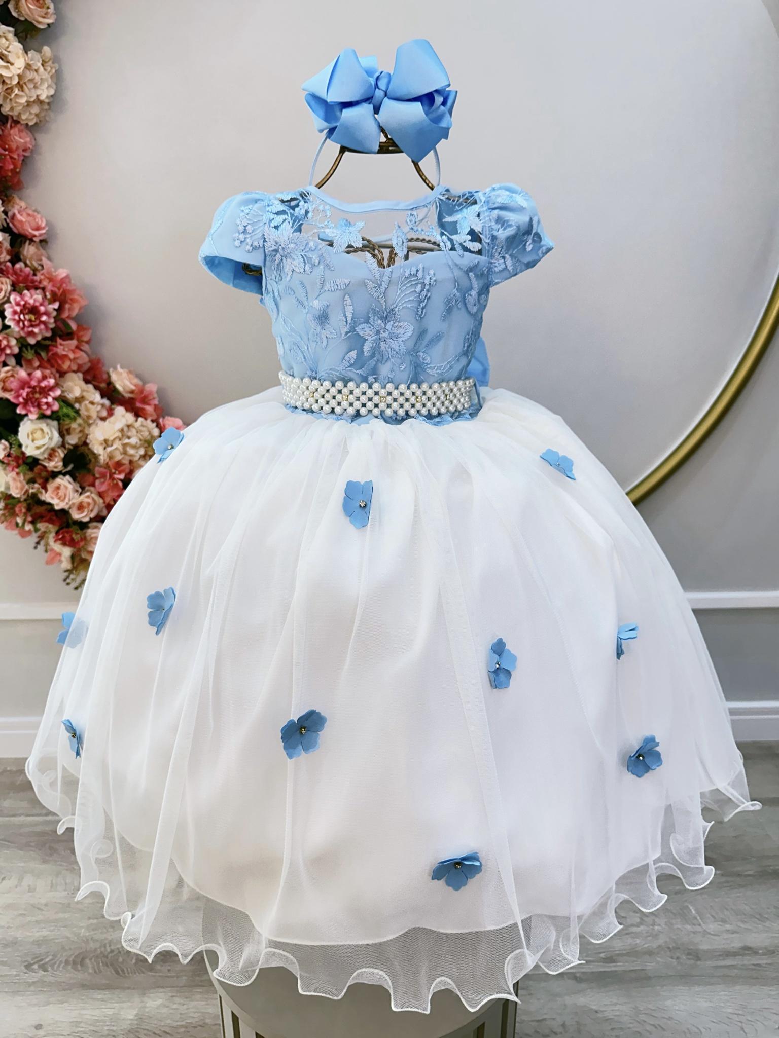 Vestido Infantil Azul Claro Saia Off C/ Renda e Aplique Flores