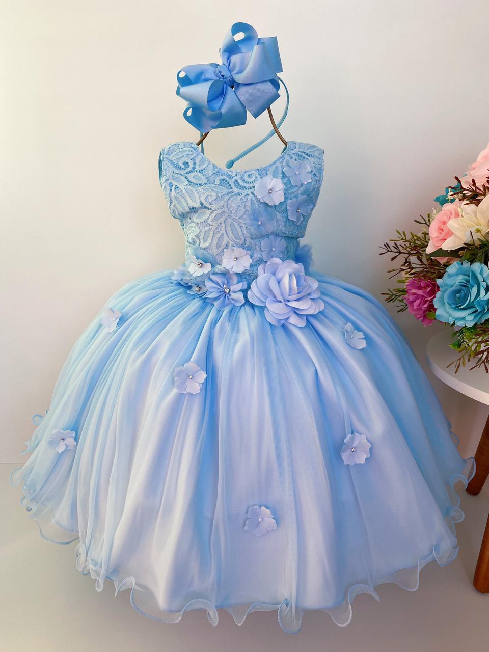 Vestido Infantil Azul Rendado Luxo Flores em Aplique