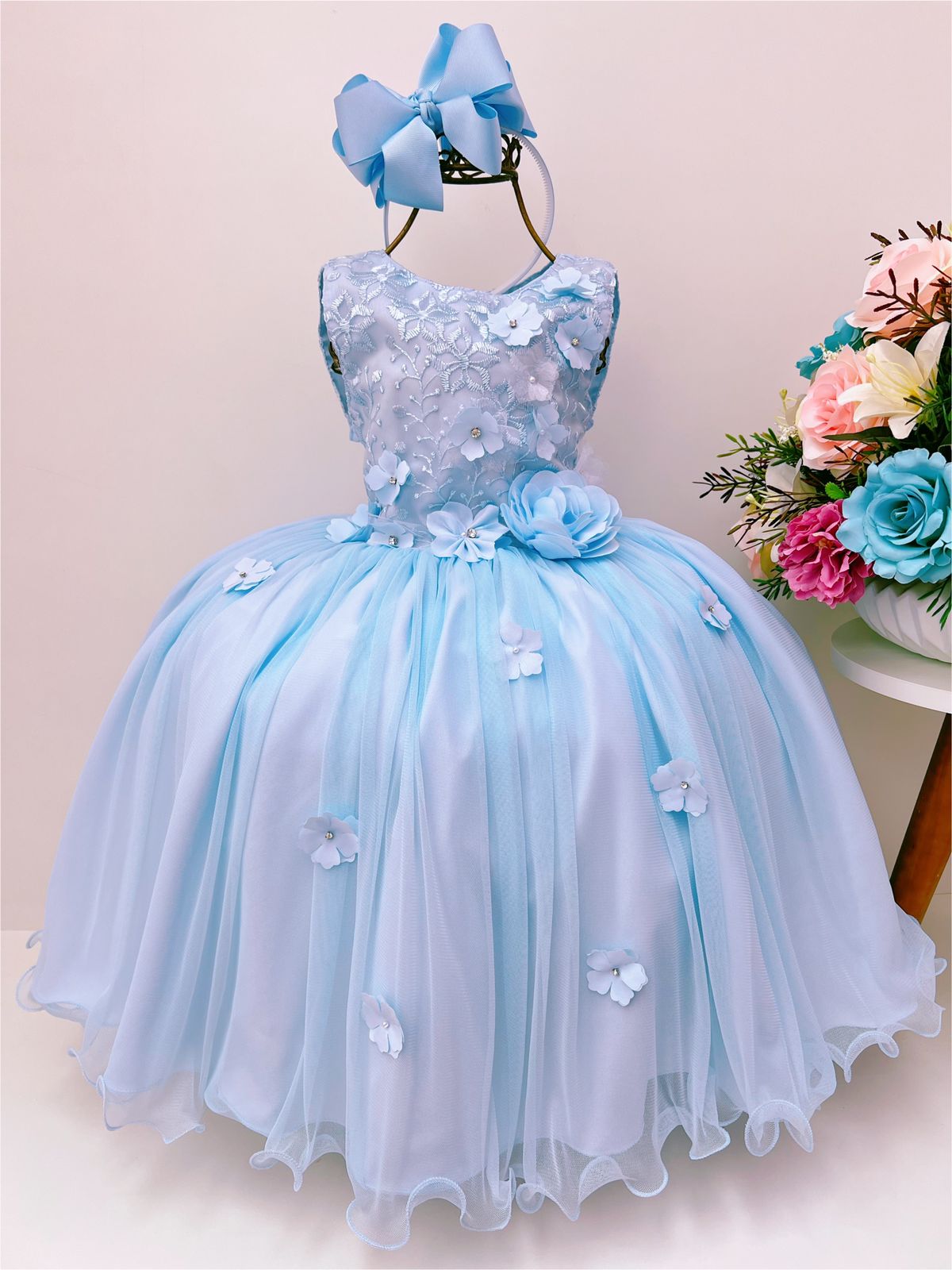 Vestido Infantil Azul Rendado Luxo Flores em Aplique Strass