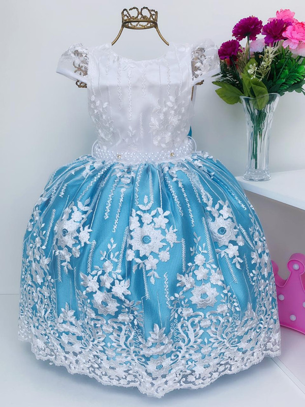 Vestido Infantil Azul Tiffany Renda Branca Realeza Luxo