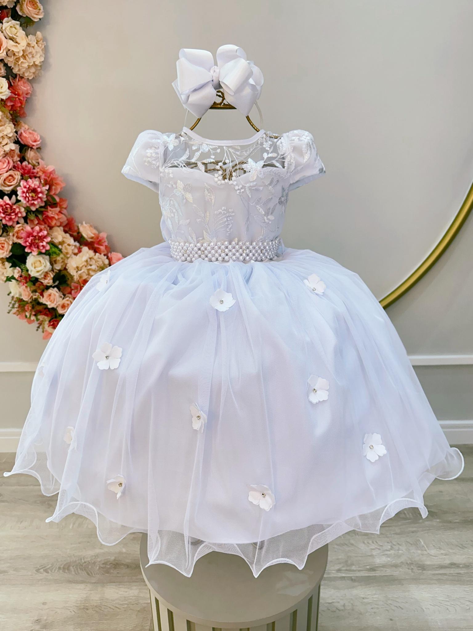 Vestido Infantil Branco C/ Renda e Aplique de Flores Daminha