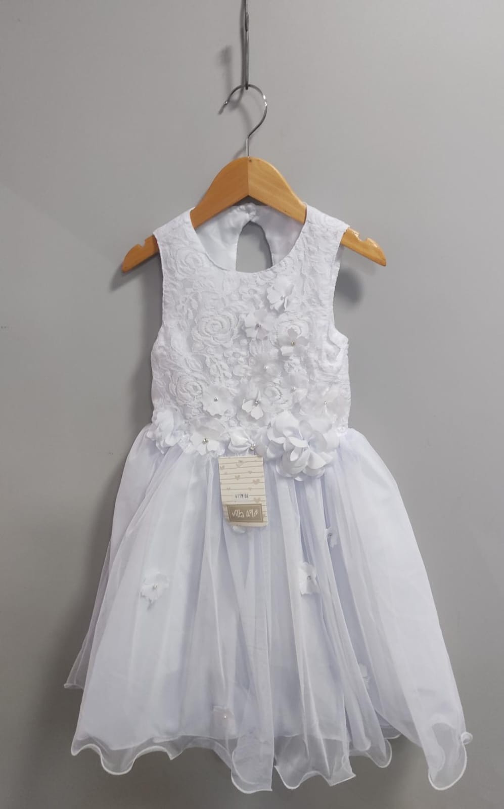 Vestido Infantil Branco C/ Renda e Aplique de Flores Formatura