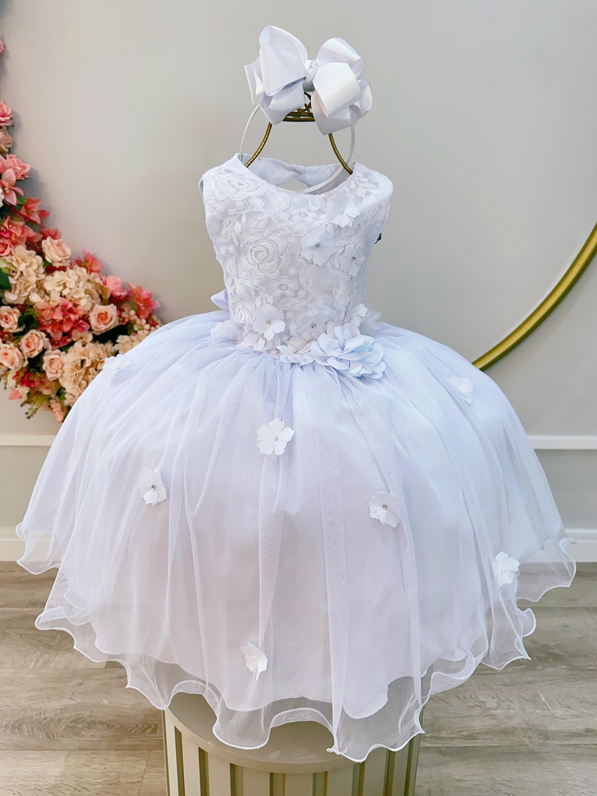 Vestido Infantil Branco C/ Renda e Aplique de Flores Formatura