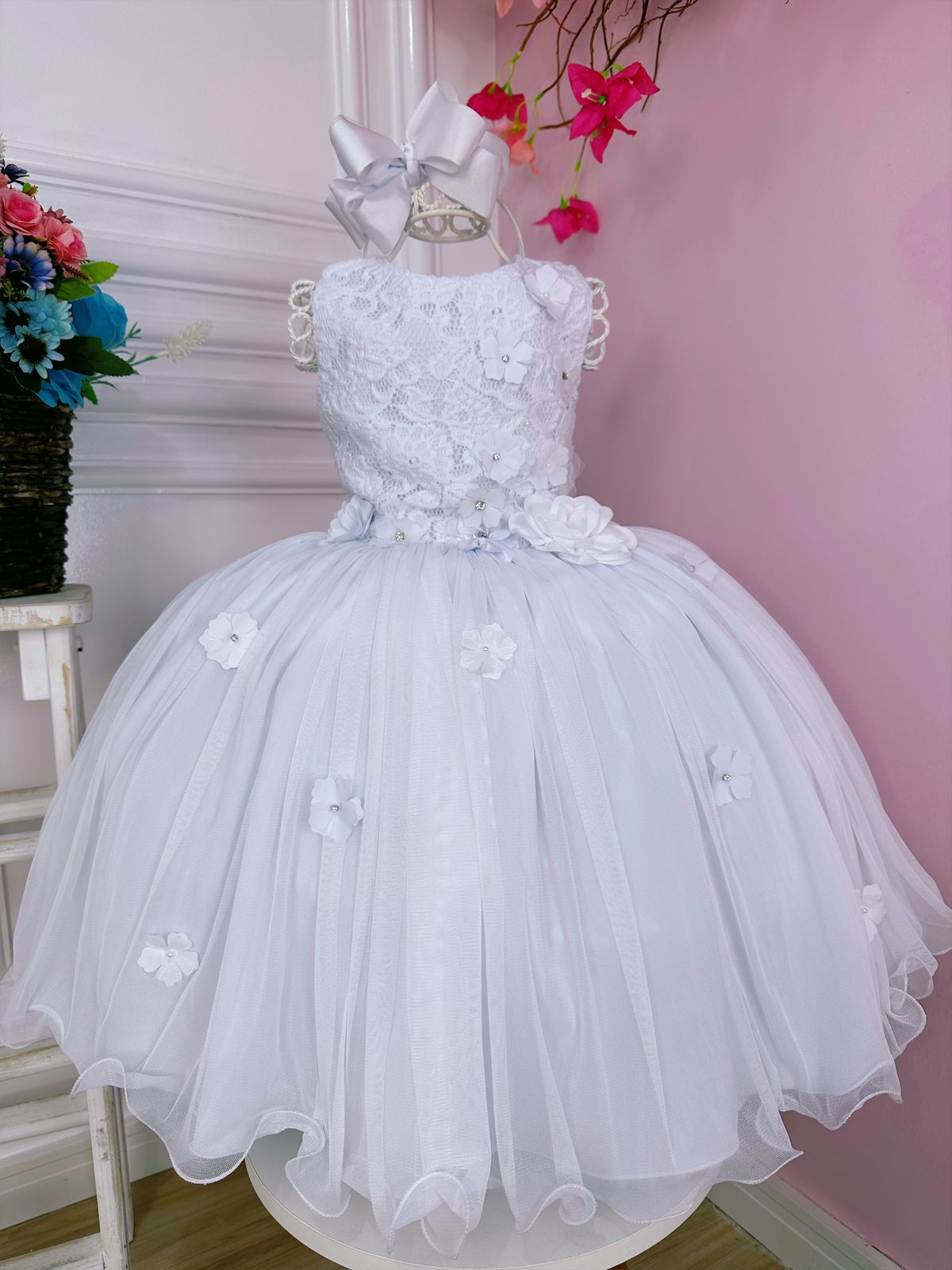 Vestido Infantil Branco C/ Renda e Aplique de Flores Luxo