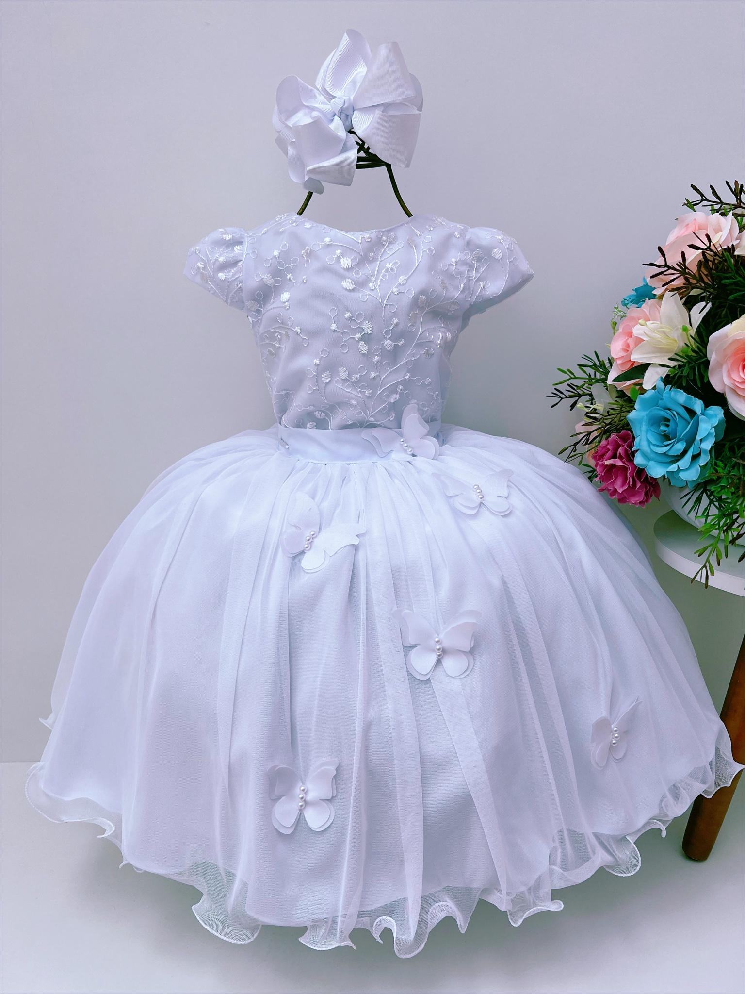 Vestido Infantil Branco C/ Renda e Borboletas Dama Princesas