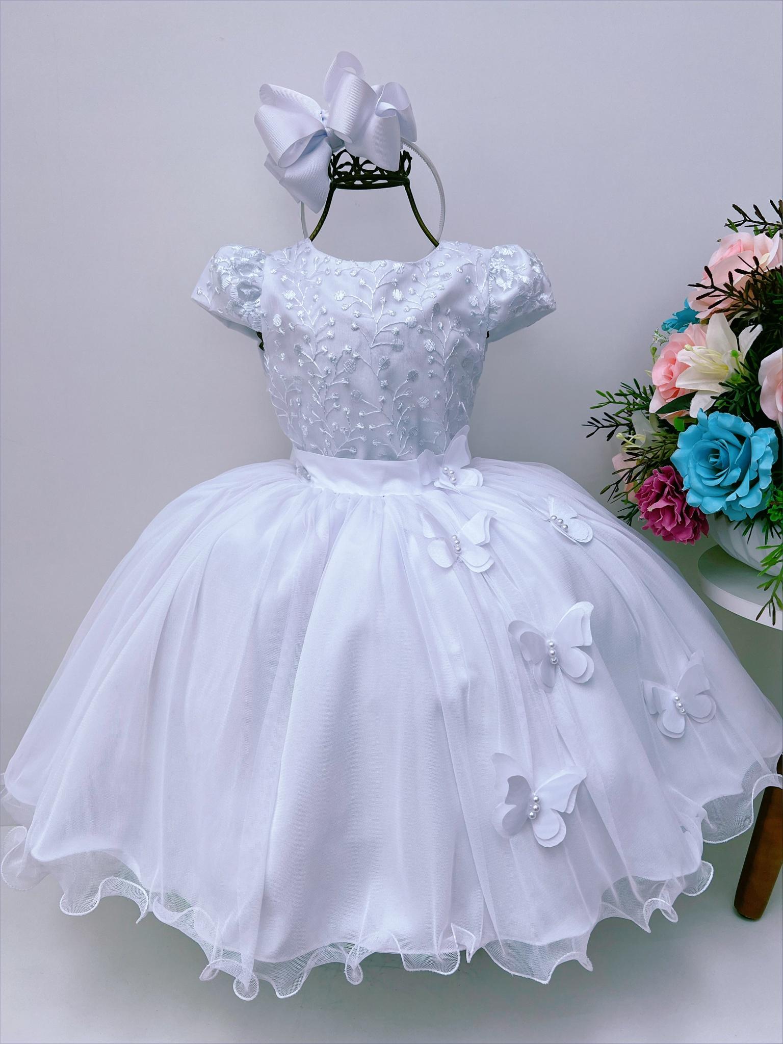 Vestido Infantil Branco C/ Renda e Borboletas Princesas Dama