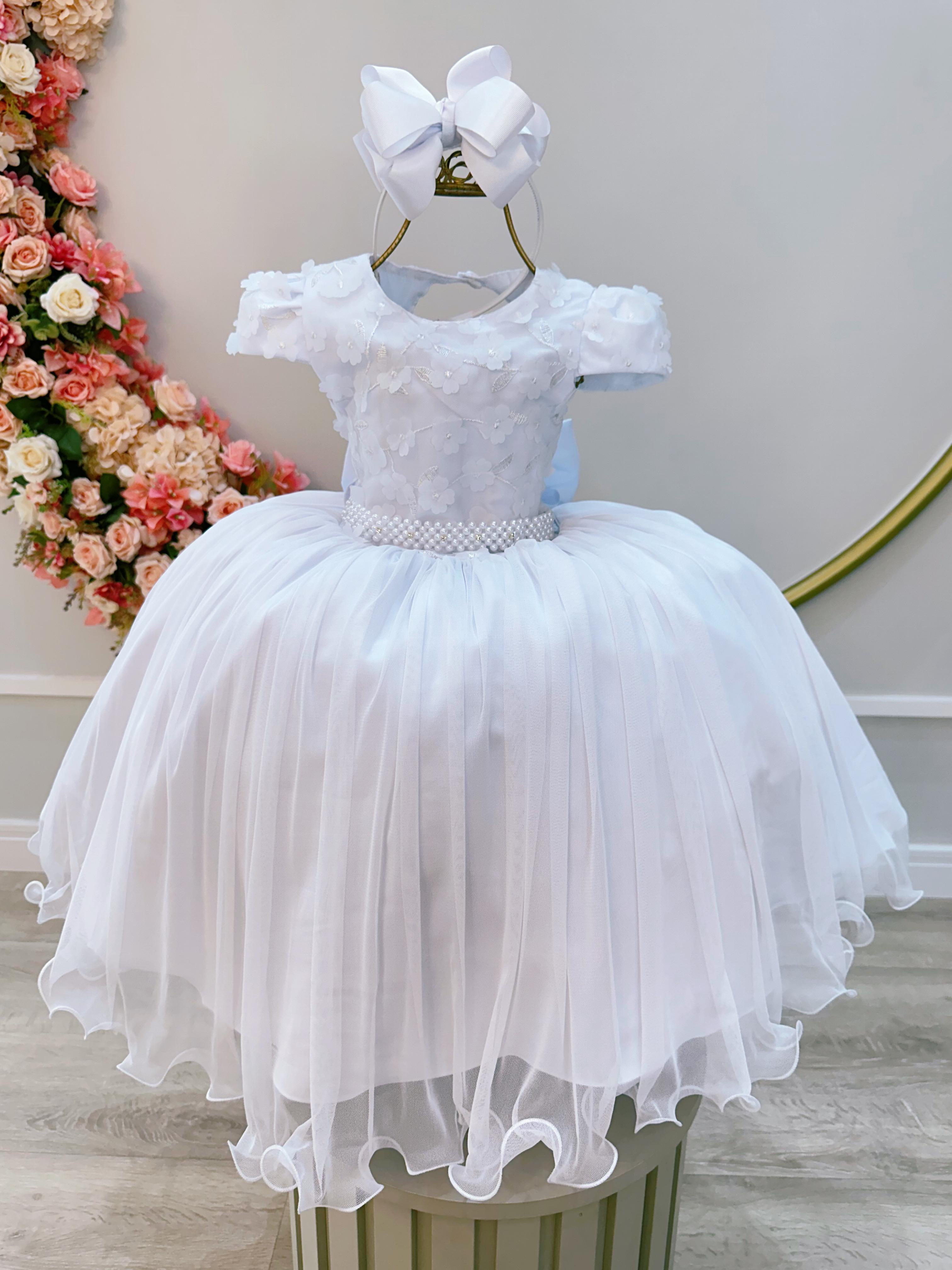 Vestido Infantil Branco Com Renda e Aplique de Flores Luxo