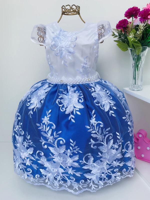 Vestido Infantil Branco e Azul Renda de Luxo Princesas Damas