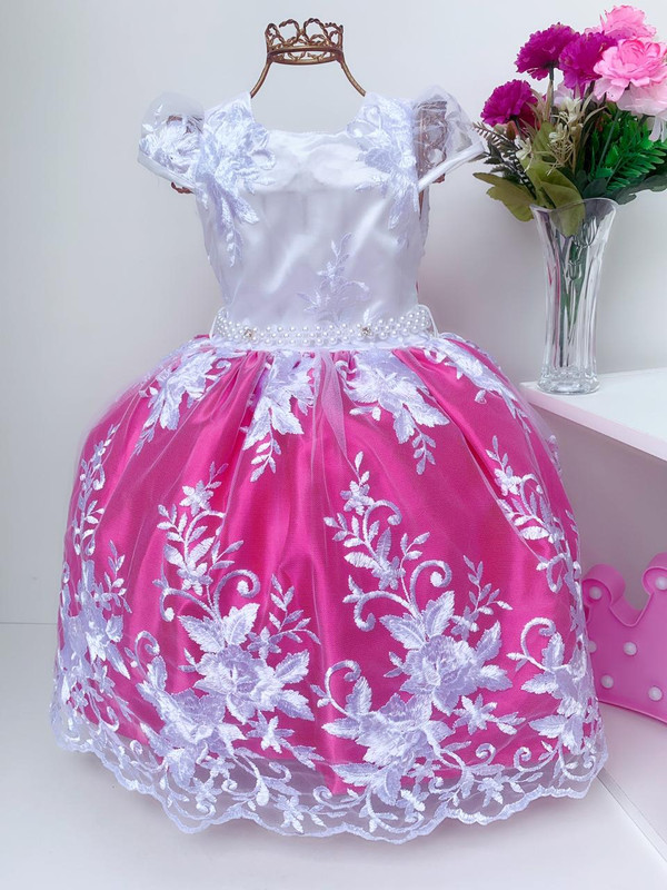 Vestido Infantil Branco e Pink Renda de Luxo Princesas Damas
