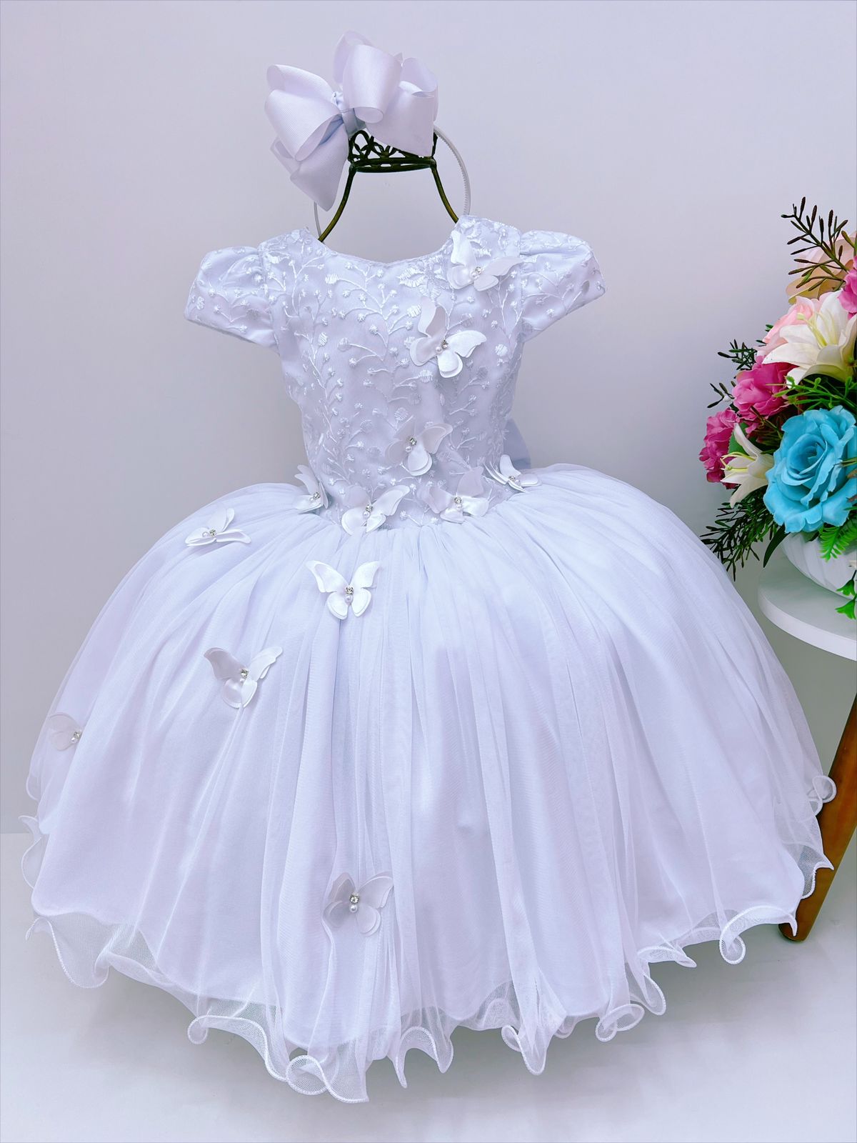 Vestido Infantil Branco Renda Com Borboletas Damas
