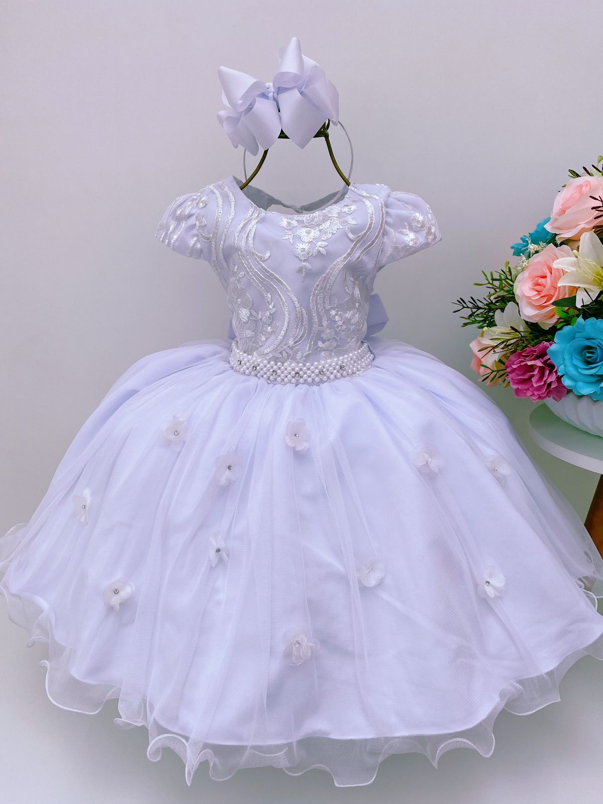 Vestido Infantil Branco Renda e Aplique de Flores Luxo