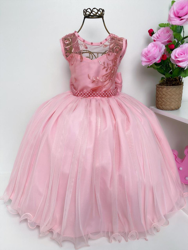 Vestido Infantil Damas de Honra Rosê Luxo Renda Pérolas