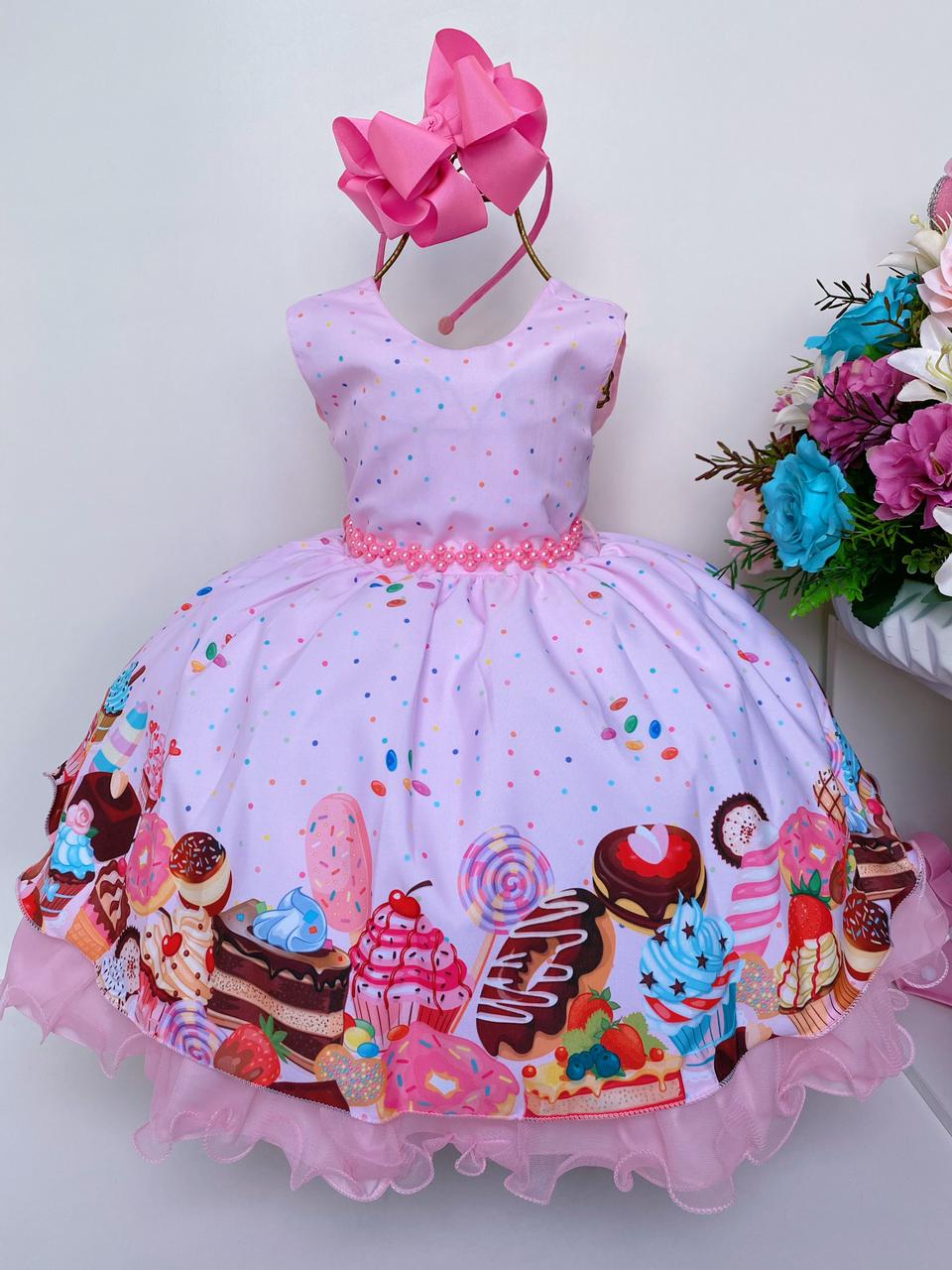 Vestido Infantil Doces Confeitaria Rosa Luxo