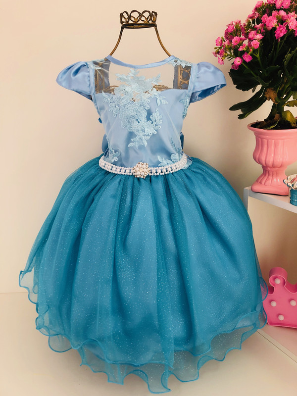Vestido Infantil Frozzen Azul Tifanny Luxo Broche de Pérolas