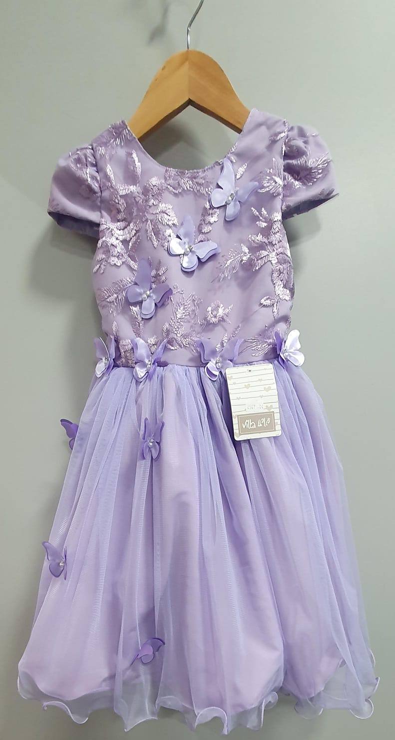 Vestido Infantil Lilás Apliques Flores e Borboletas Festas