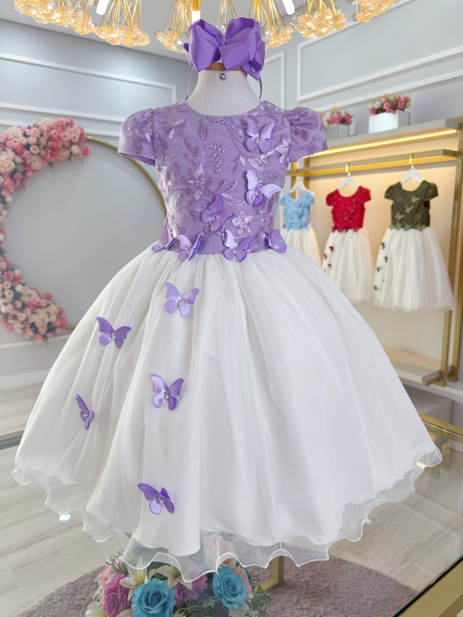 Vestido Infantil Lilás C/ Bordado Borboletas Dama Festas Luxo