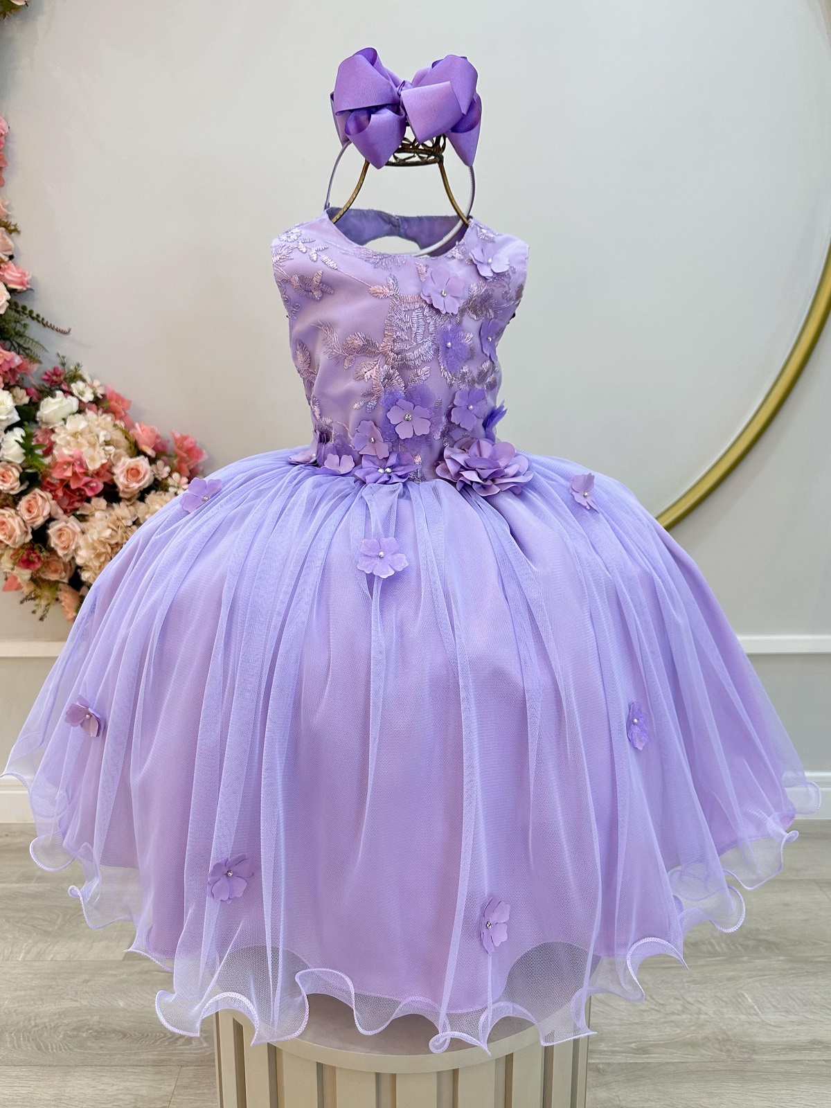 Vestido Infantil Lilás C/ Renda e Aplique de Flores Daminha