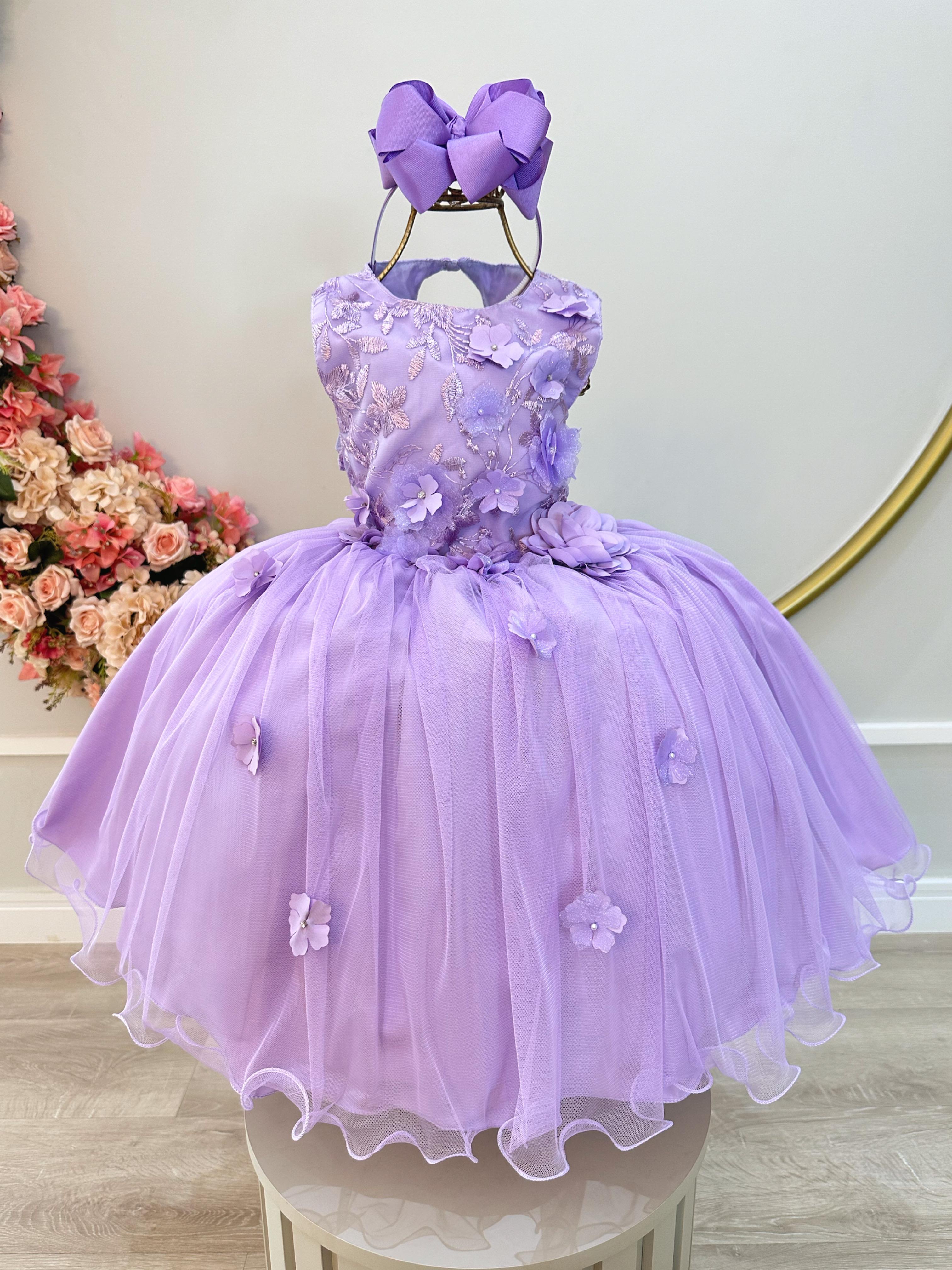Vestido Infantil Lilás C/ Renda e Aplique de Flores Formatura