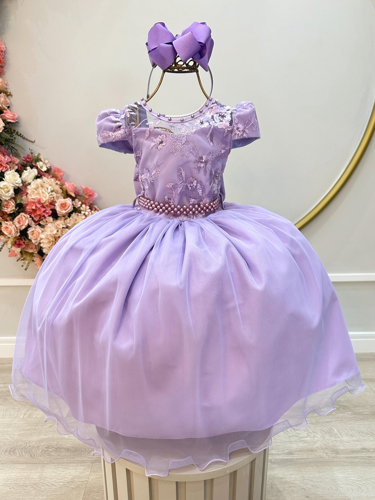 Vestido Infantil Lilás C/ Renda e Pérolas Festas Daminhas