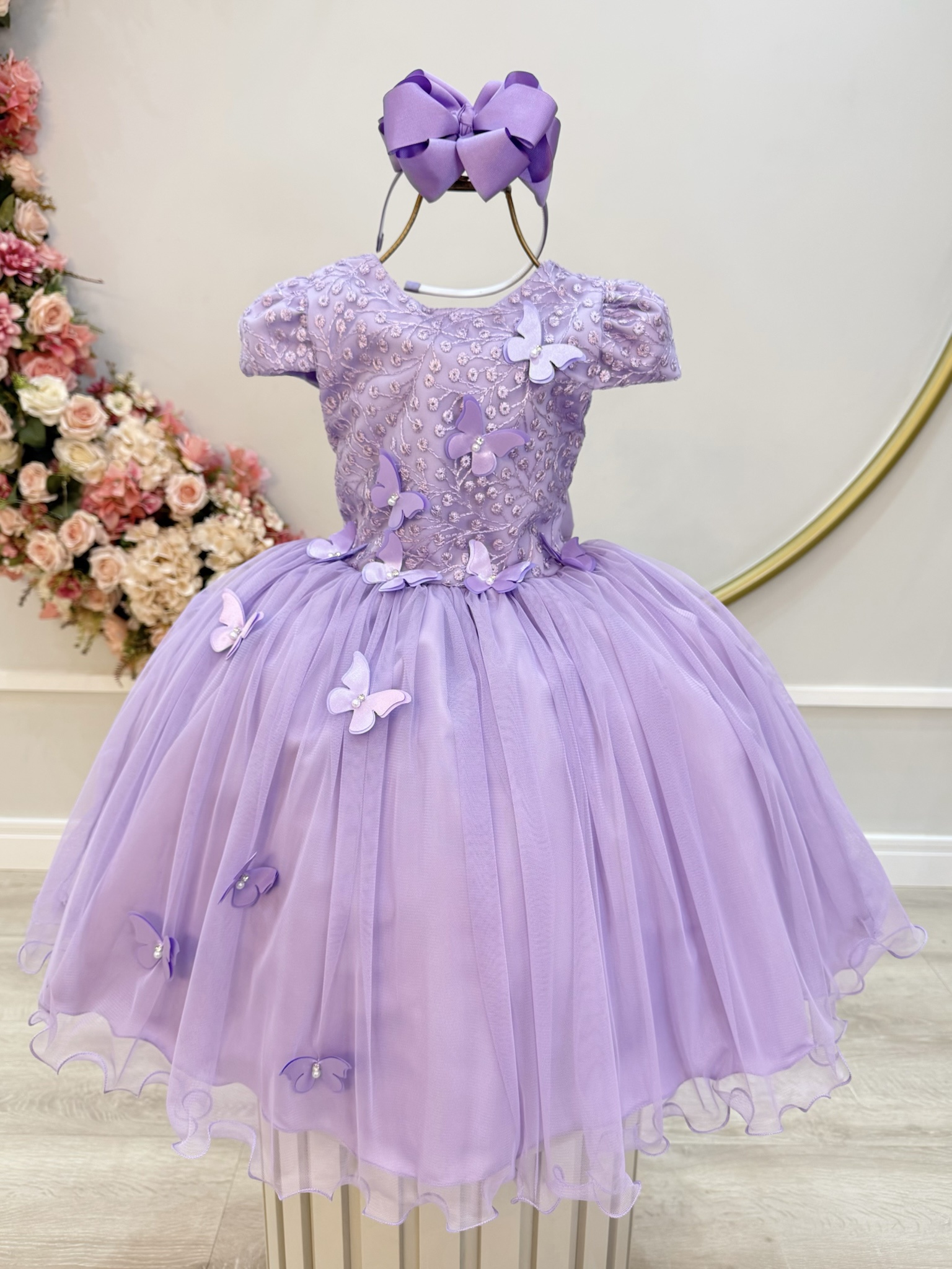 Vestido Infantil Lilás Com Renda e Borboletas Dama Festas Luxo